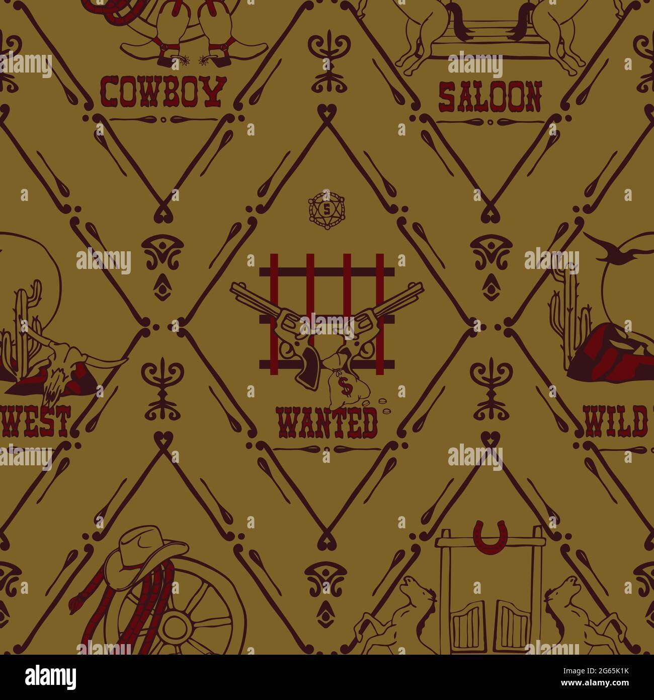 Nahtloses Vektormuster mit Wild-West-Symbolen auf braunem Hintergrund. Vintage Texas Tapetendesign mit westlichen Logos. Stock Vektor