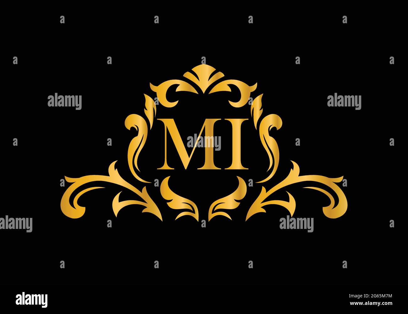 Luxusbuchstaben MI. Goldenes Blumenalphabet . Monogram Initialen perfekt für Hochzeitseinladungen, Grußkarte, Logo und anderes Design. Stock Vektor