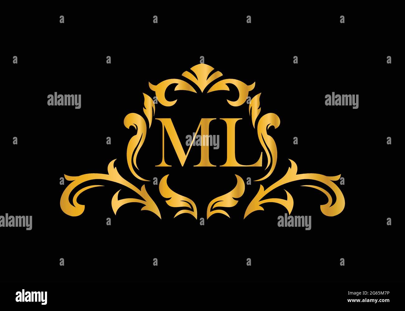Luxus Alphabet Buchstaben ML. Goldenes Blumenalphabet . Monogram Initialen perfekt für Hochzeitseinladungen, Grußkarte, Logo und anderes Design. Stock Vektor
