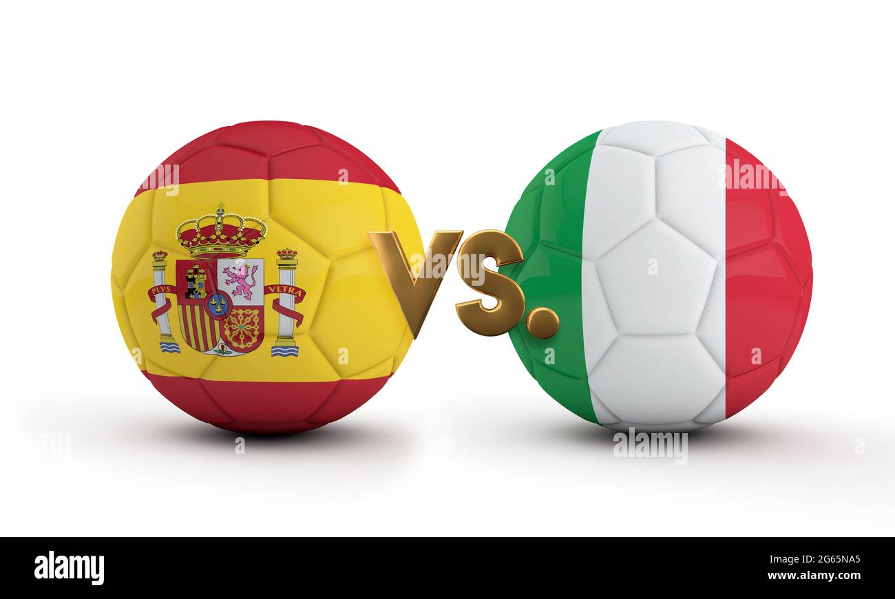 Spanien Vs. Italien Fußballspiel. Flaggen mit Fußball. 3D-Rendering Stockfoto