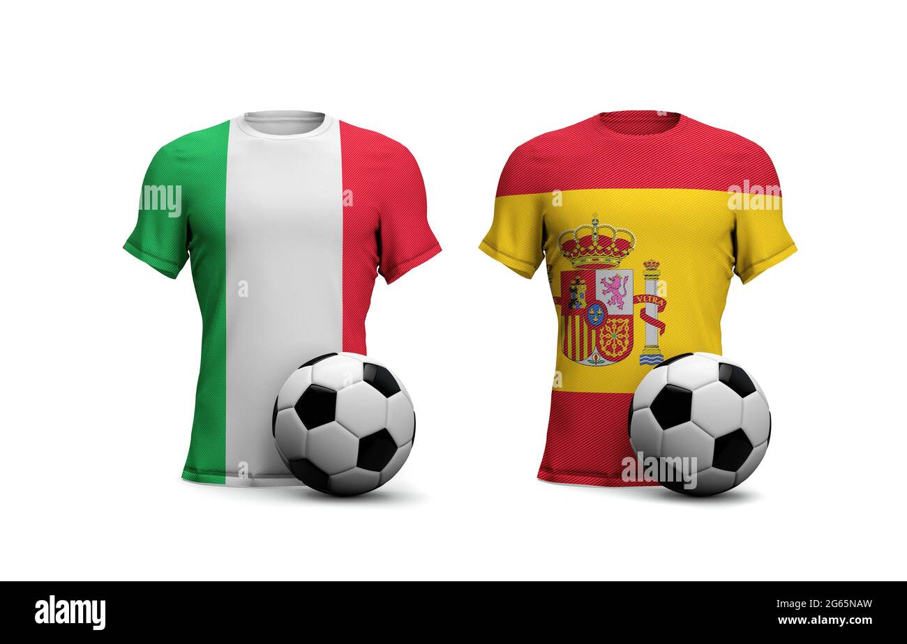 Spanien Vs. Italien Fußballspiel. Flaggen mit Fußball. 3D-Rendering Stockfoto