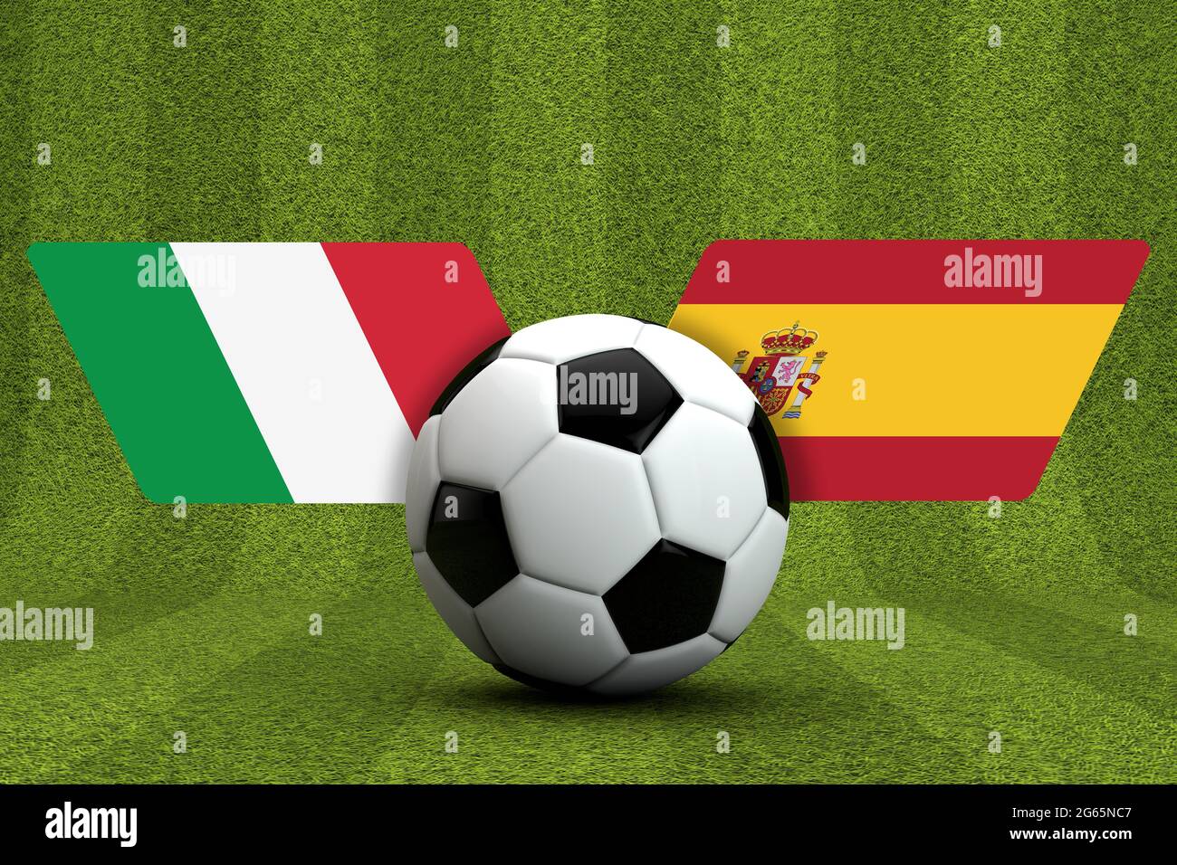Spanien Vs. Italien Fußballspiel. Flaggen mit Fußball. 3D-Rendering Stockfoto