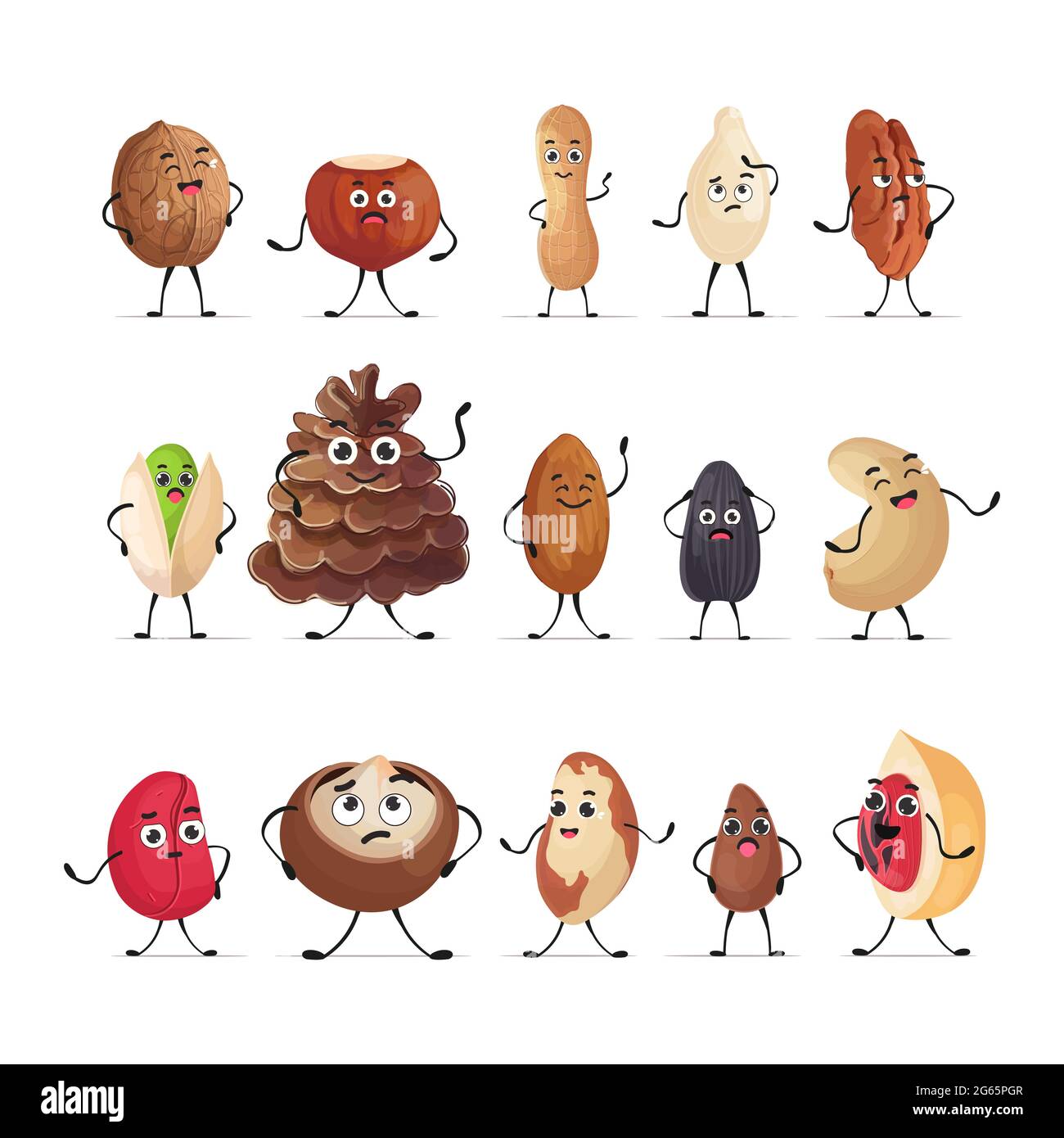 Set niedliche Nüsse und Samen Figuren Cartoon Maskottchen Persönlichkeiten Sammlung gesunde vegetarische Lebensmittel Konzept isoliert Stock Vektor