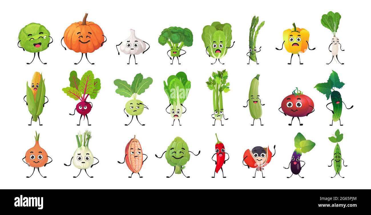 Set niedlichen Gemüsefiguren Cartoon Maskottchen Persönlichkeiten Sammlung gesunde Ernährung Konzept isoliert horizontal Stock Vektor