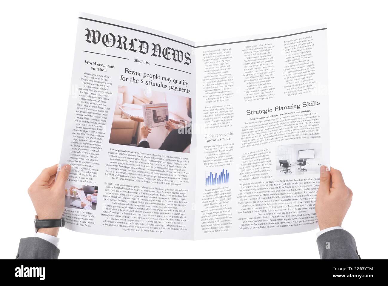 Junger Geschäftsmann liest Zeitung auf weißem Hintergrund Stockfoto
