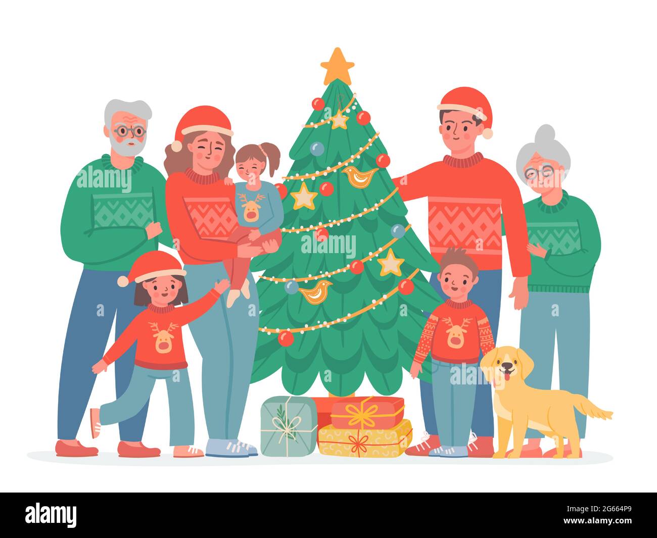 Große weihnachtsfamilie. Oma, Opa, Mama und Papa, Kinder und Hund in Pullover und weihnachtsmütze. Vektor-Familienportrait mit dekorierten Kiefern Stock Vektor