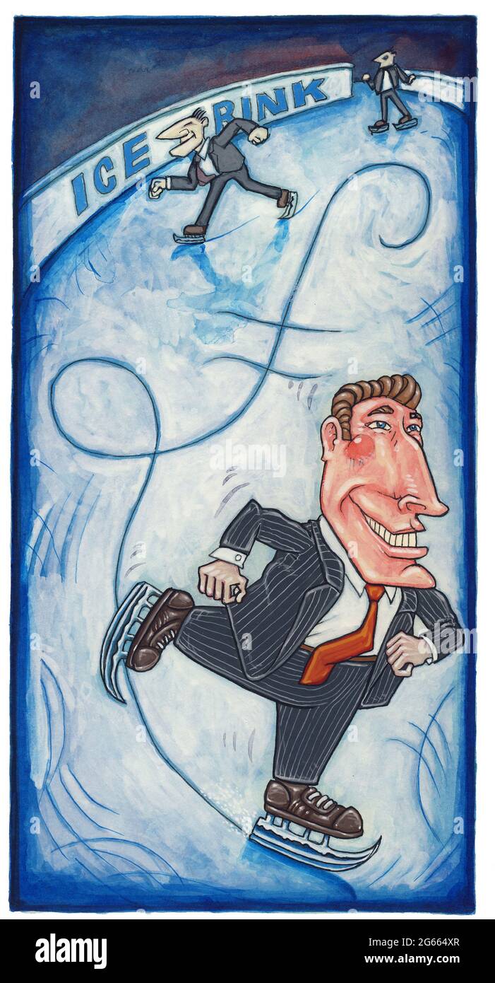 Konzeptkunst Illustration Mann Schlittschuh auf dünnen Eis Carving Pfund Zeichen, die instabilen Finanzsektor, riskante Investitionen, überzuversichtlich Märkte Stockfoto