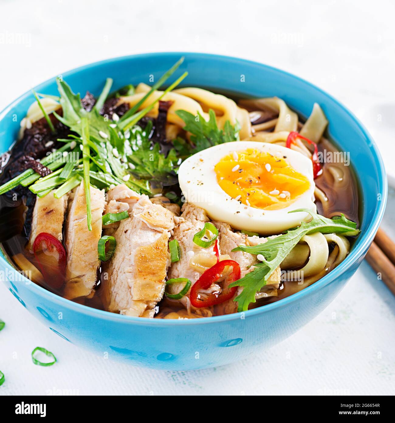 Miso-Suppe. Japanische Ramen-Suppe mit Huhn, Ei, Nori und Nipposinica auf hellem Hintergrund. Stockfoto