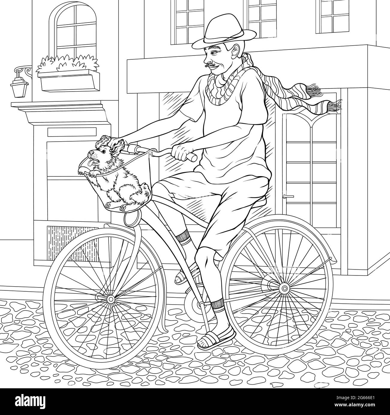 Malbuch für einen erwachsenen Mann mit Hund auf dem Fahrrad. Malbuch im Linienstil. Europäische Landschaften. Sammlung von Europa. Vektorgrafik Stock Vektor