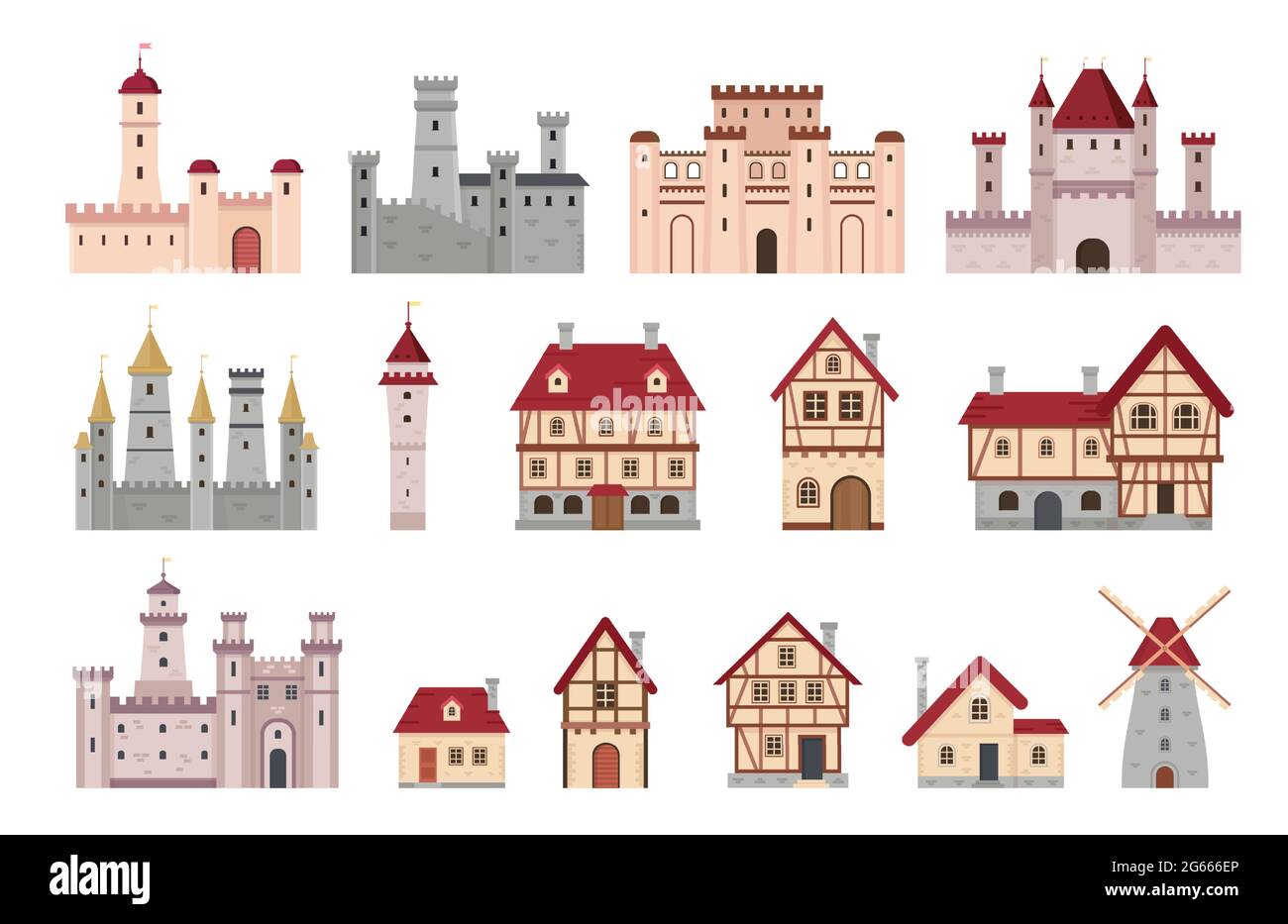 Mittelalterliche Gebäude. Alte europäische Stadt und Dorfhaus, Hütte und Windmühle. Cartoon-Turm, Schloss und Palast. Architekturvektorsatz Stock Vektor