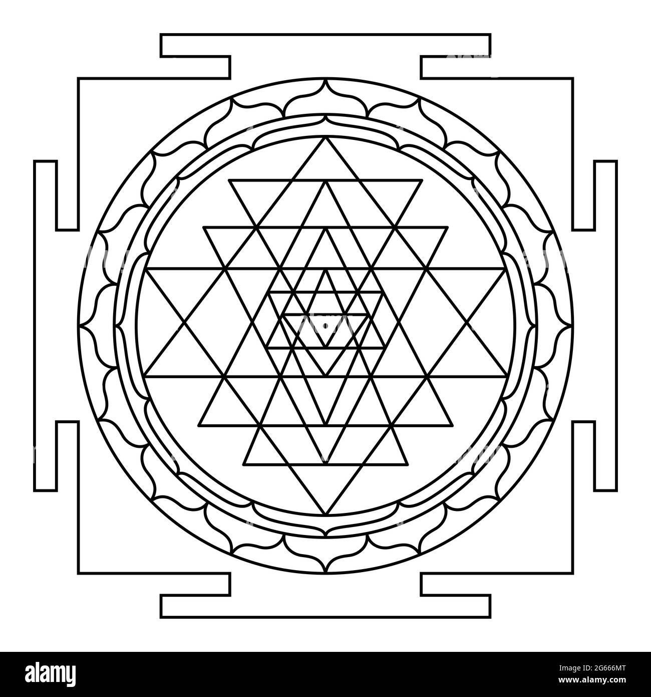 Sri Yantra, Shri Yantra oder Shri Chakra, ein mystisches Hindu-Diagramm. Neun ineinander verschränkende Dreiecke umgeben Bindu, einen zentralen Punkt und das kosmische Zentrum. Stockfoto