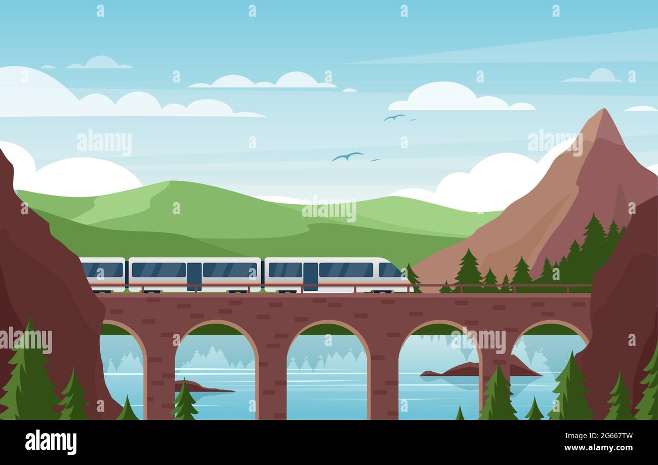 Geschwindigkeitszug auf Steinbrücke flache Vektor-Illustration. Modernes Eisenbahnfahrzeug auf landschaftlichem Hintergrund. Schöne Landschaft mit modernem Publikum Stock Vektor