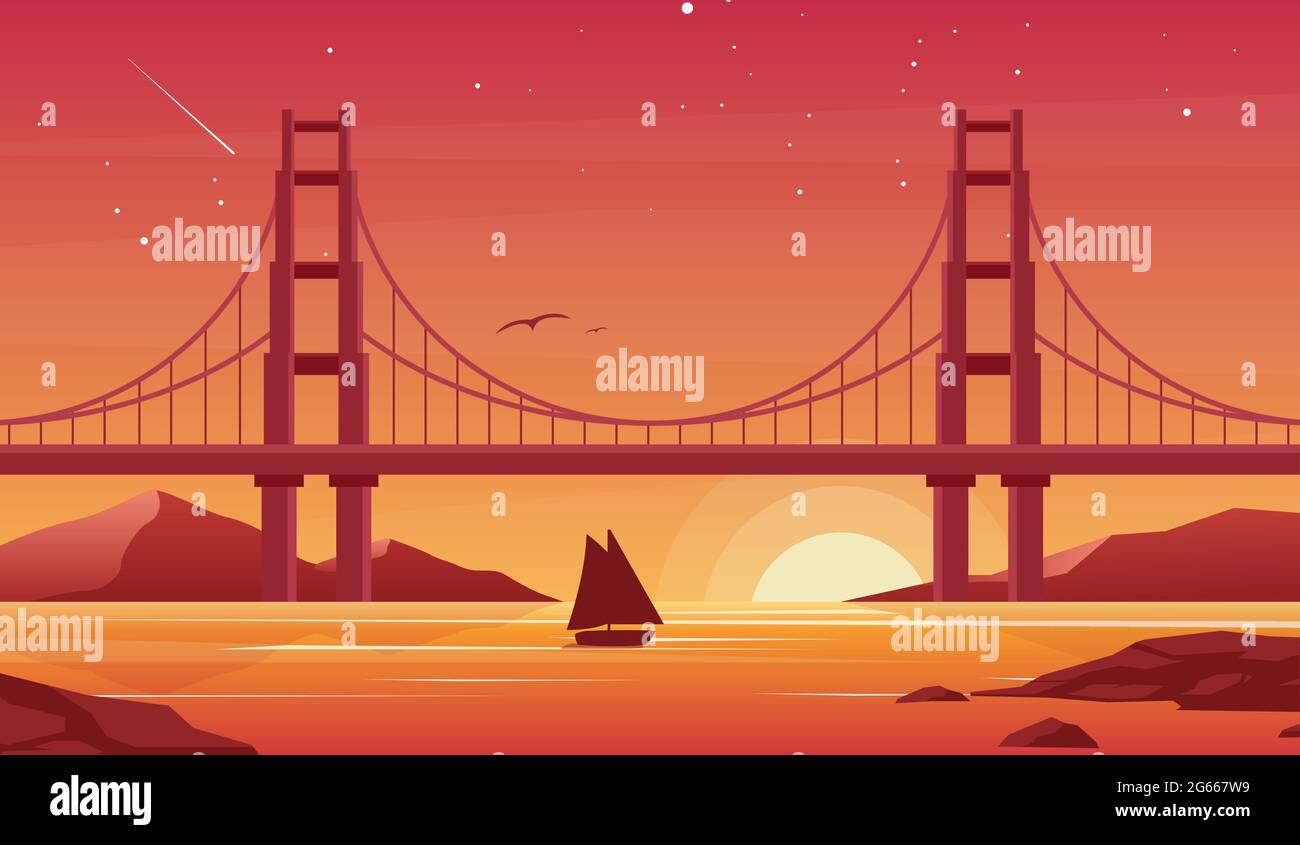 Brücke und Boot bei Sonnenuntergang flache Vektorgrafik. Wunderschöne San Francisco Landschaft, Vergnügungsboot mit Golden Gate Brücke im Hintergrund. Segelboot Stock Vektor