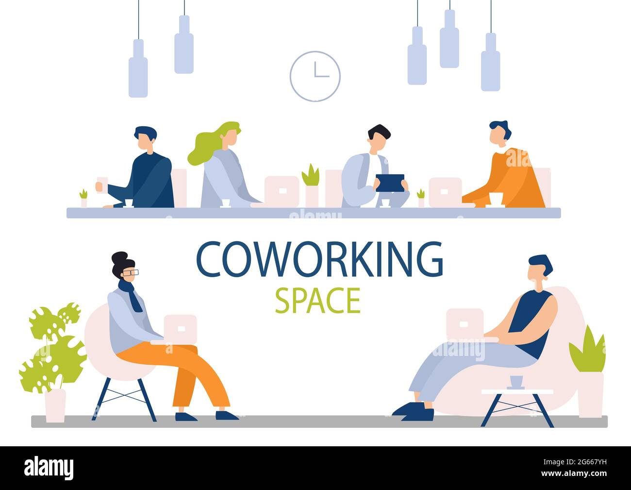 Coworking Space flache Vektorgrafik. Büro, Arbeitsplatz, Teamarbeit und Zusammenarbeit. Kollegen, Kollegen, Büroleiter arbeiten zusammen Stock Vektor