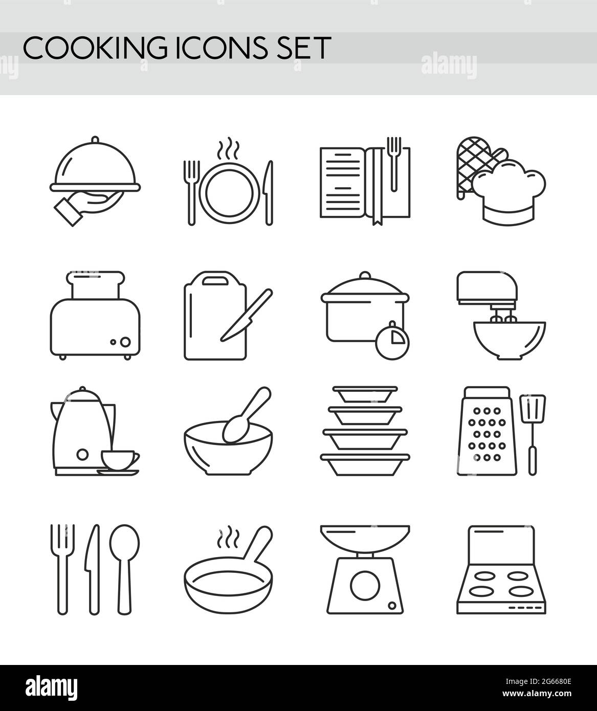 Kochzubehör, Küchenausstattung, Utensil und Besteck Einfache Linienführung Symbole gesetzt Stock Vektor
