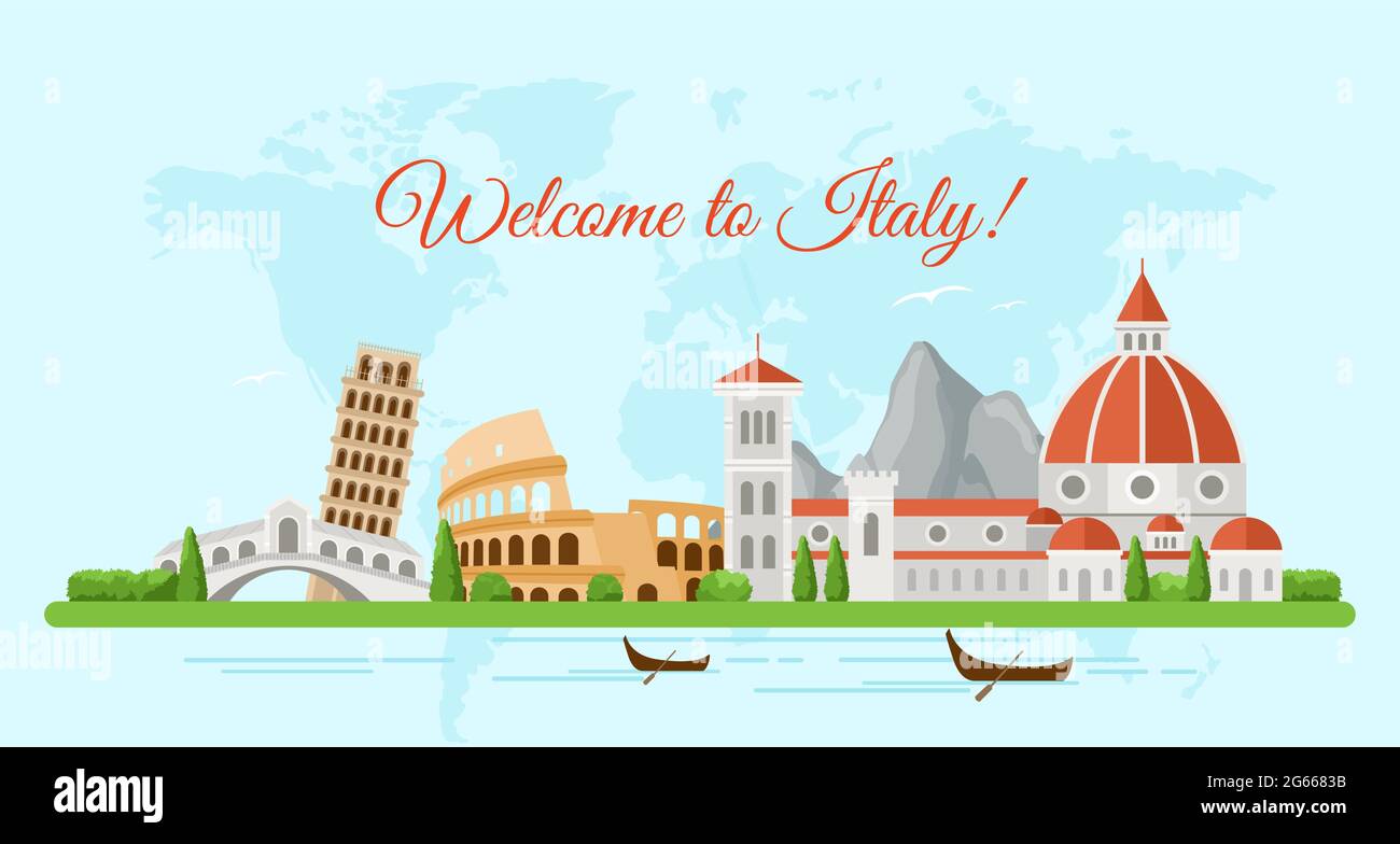 Willkommen bei Italien flache Banner Vektor-Vorlage. Berühmte italienische architektonische Wahrzeichen Cartoon-Illustration mit Text. Touristenattraktionen, kolosseum Stock Vektor