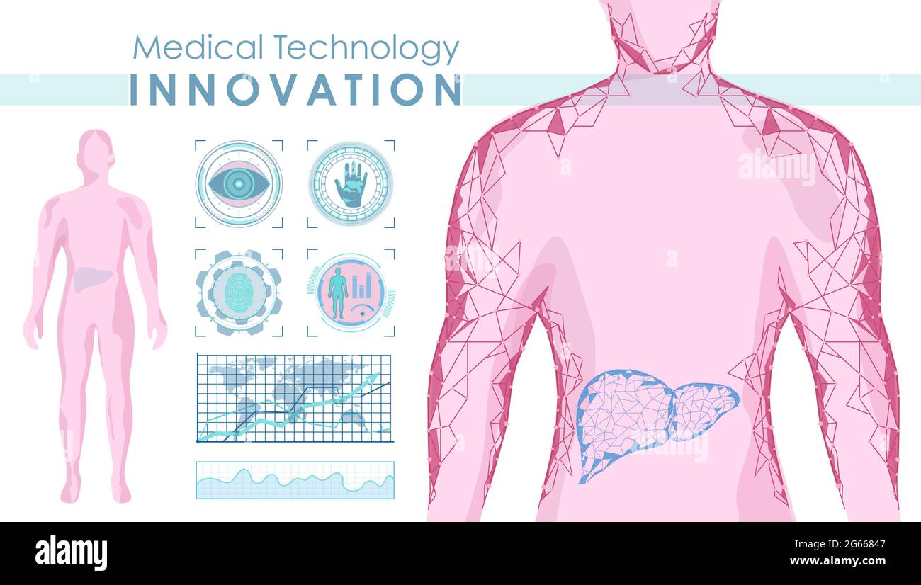 Vektor-Illustration der modernen medizinischen Untersuchung des menschlichen Körpers. Konzept menschlichen Körper Scan, Leber medizinische Versorgung. Anatomie, EKG-Monitor, Röntgen, medizinisch Stock Vektor