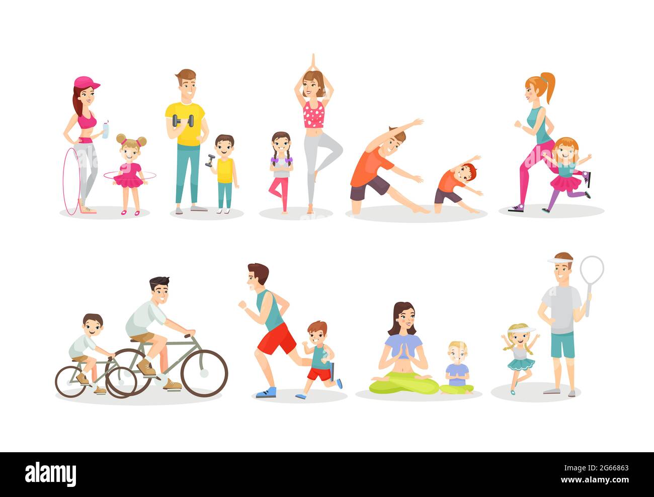 Set mit flachen Vektorgrafiken für sportliche Aktivitäten. Aktive Freizeit, Übungen, sportlicher Lebensstil. Fitness und Yoga, Radfahren und Laufen. Eltern und Stock Vektor