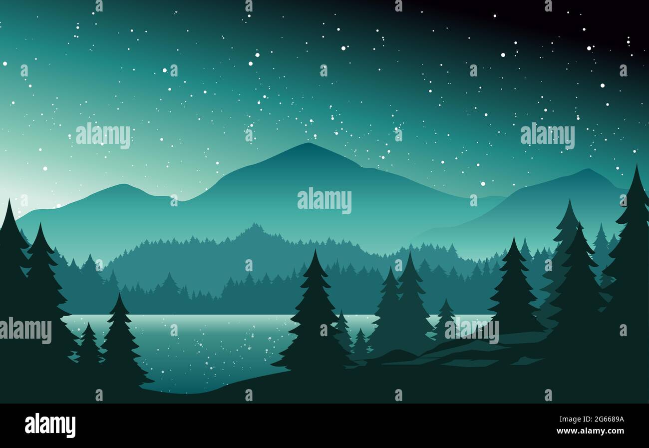 Berge und See bei Nacht Landschaft flache Vektorgrafik. Naturlandschaft mit Tannen und Hügelgipfeln Silhouetten am Horizont. Tal, Fluss und Stock Vektor