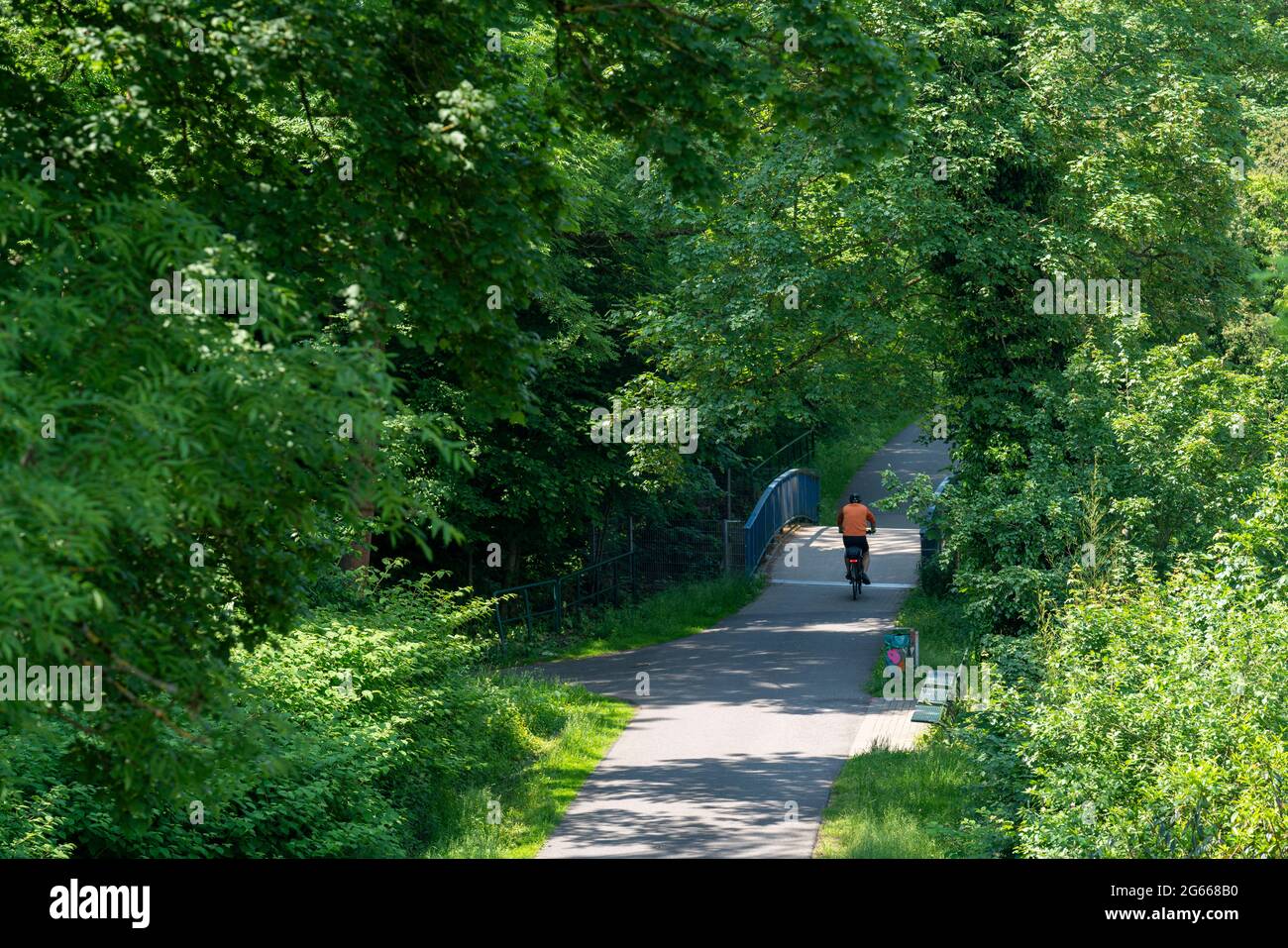 Die Grugatrasse, ehemalige Bahnstrecke, jetzt Radweg, Fußweg, von Mülheim über Essen-Rüttenscheid, nach Essen-Steele, Essen, NRW, Deutschland, Stockfoto
