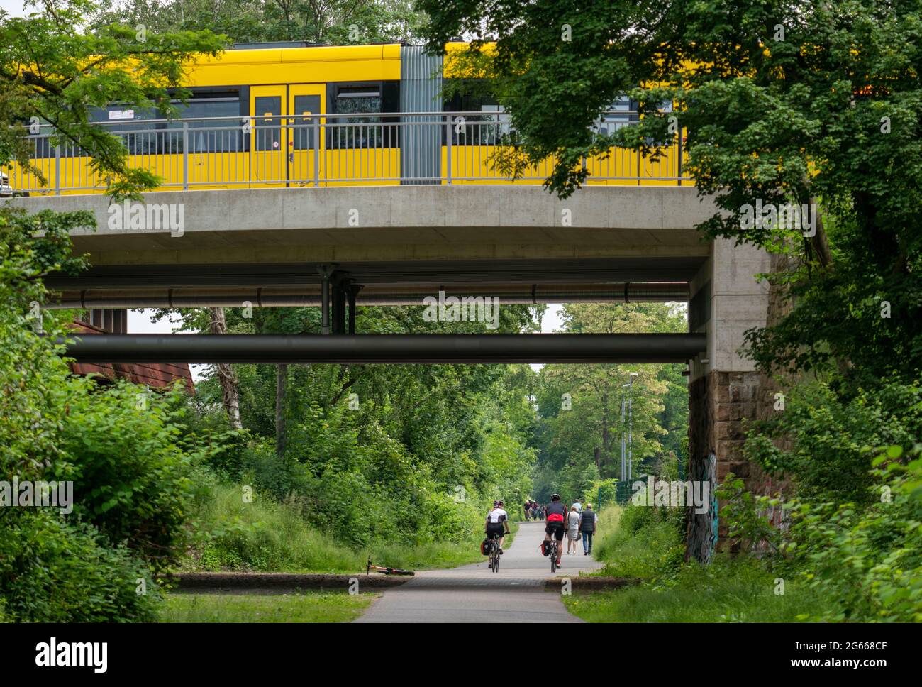 Die Grugatrasse, ehemalige Bahnstrecke, jetzt Radweg, Fußweg, von Mülheim über Essen-Rüttenscheid, nach Essen-Steele, Essen, NRW, Deutschland, Stockfoto