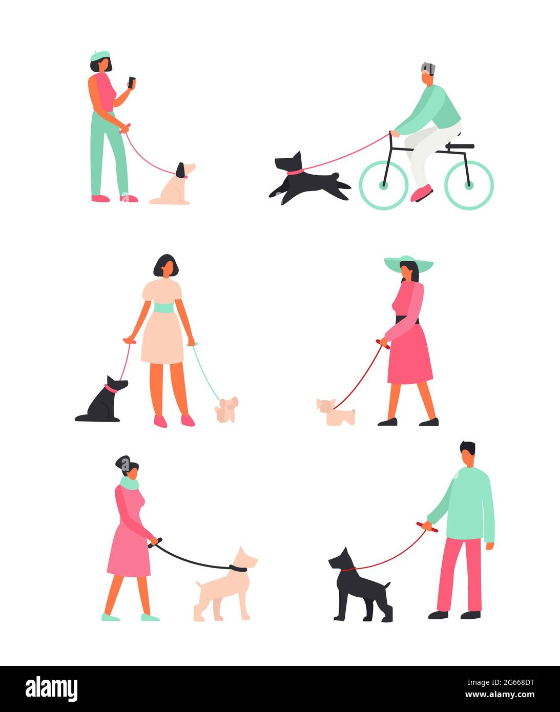 Vektorgrafik Set Menschen mit Hunden stehen und gehen draußen. Fröhliche Menschen, die mit lustigen Hunden spazieren gehen. Illustrationen im Cartoon-Flat-Stil. Stock Vektor