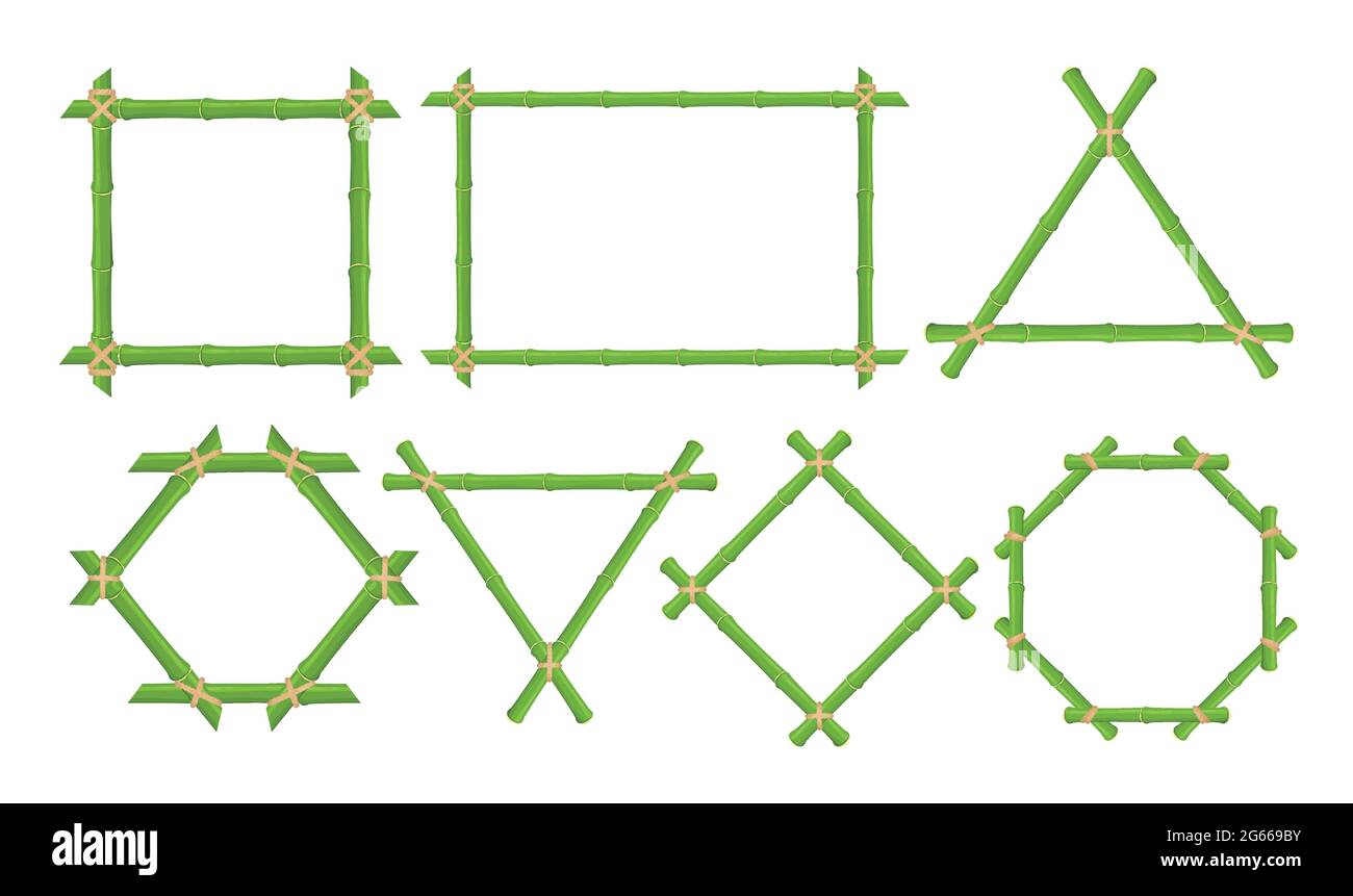 Grüner Bambus Rahmen flache Vektor-Illustrationen Set. Tropische Bambus Ast und Stamm Grenzen mit Seilen isoliert auf weißem Hintergrund. Handgemachtes Holz Stock Vektor