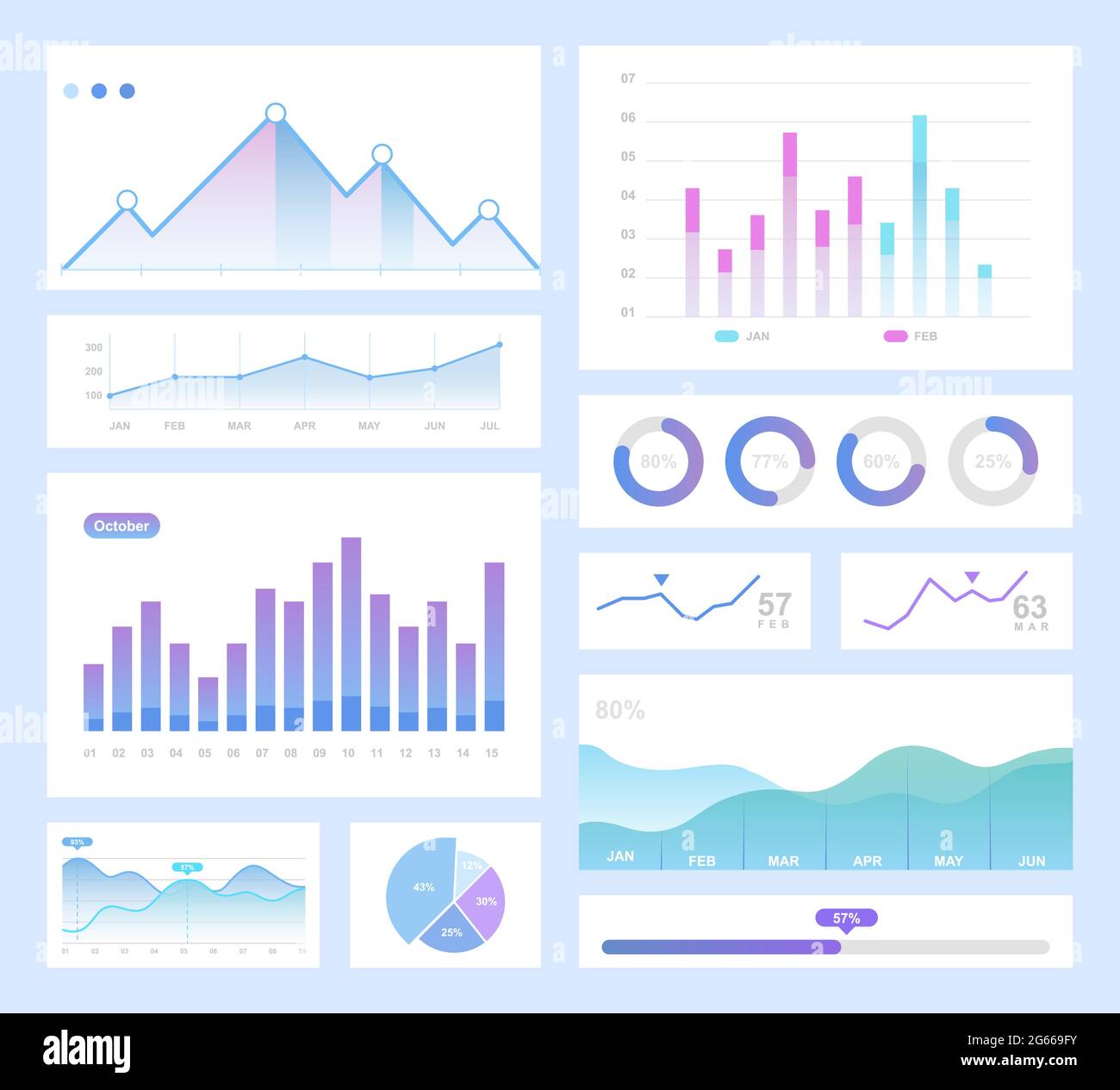 Infografik-Farbvektor-Illustrationsset. Info Tortendiagramme, Digram, Diagramm isolierte Design-Elemente-Pack. Prozess, Fortschritt Kreise. Flussdiagramm für Stock Vektor