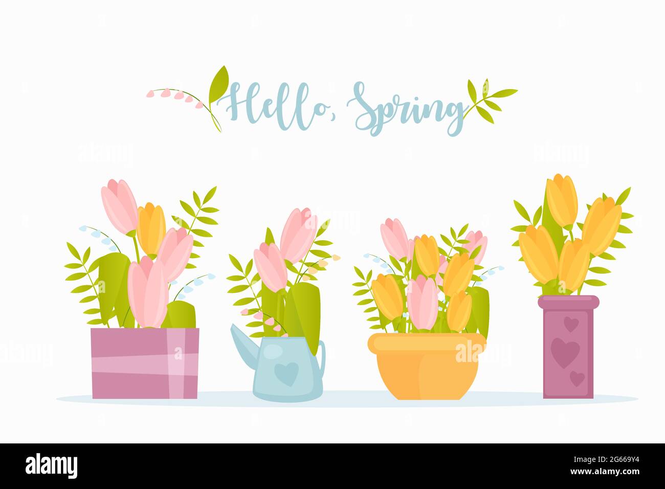 Hallo Frühling flache Vektor Grußkarte Vorlage. Gartenblumen in kreativen Farbtöpfen auf weißem Hintergrund. Tulpen Zweige und Pflanzen Äste Stock Vektor