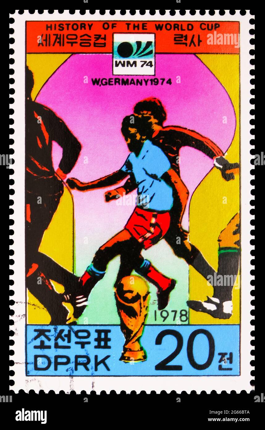 MOSKAU, RUSSLAND - 22. MÄRZ 2020: In Korea gedruckte Briefmarke zeigt Westdeutschland 1974, Geschichte der FIFA WM - Gastgeberländer Serie, um 1 Stockfoto