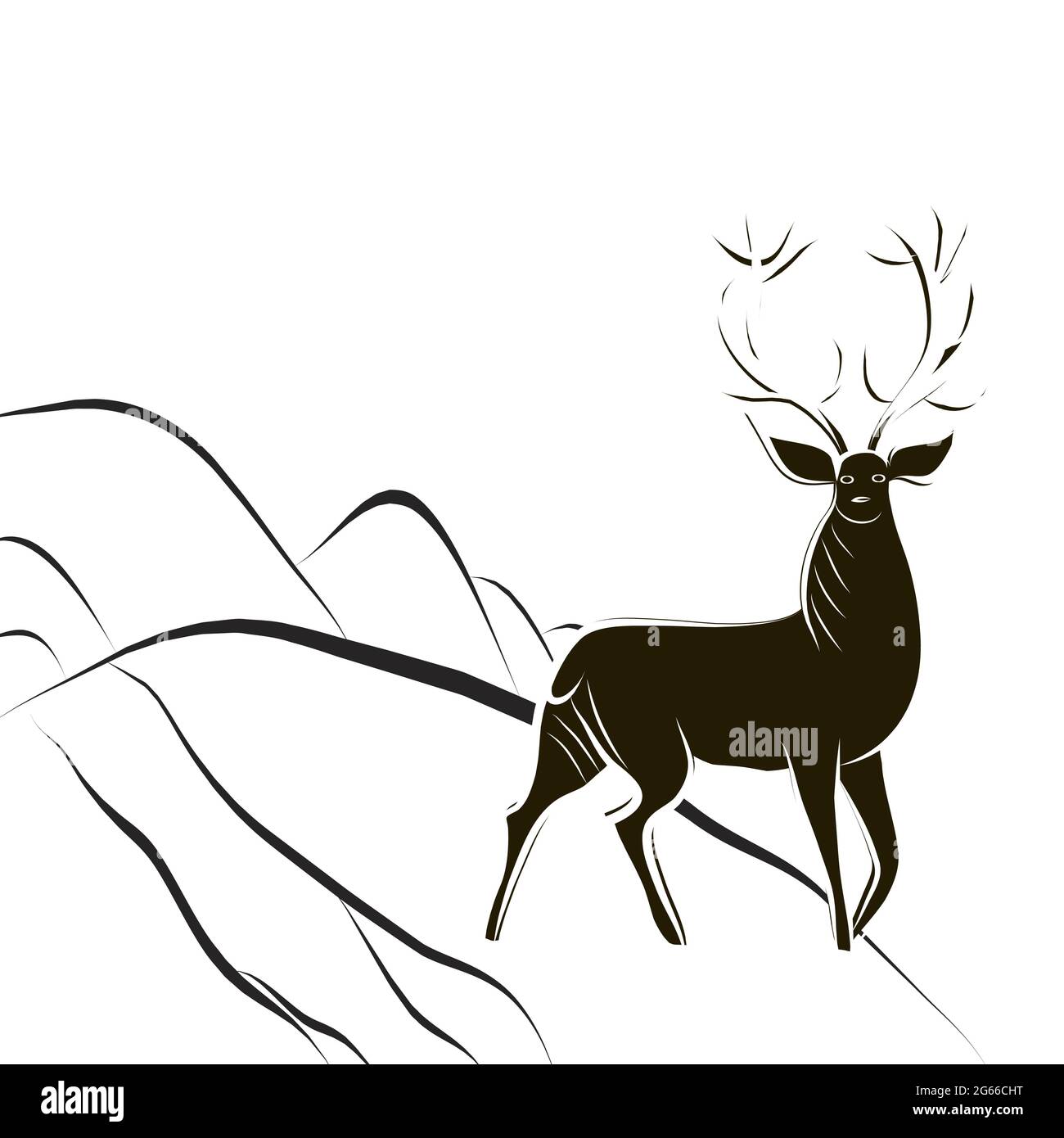 Rotwildbock mit großem Geweih. Schwarz-weiße, handgezeichnete Hirsche stehen auf einem Hügel. Cervus Kontur Silhouette. Seitenansicht. Tierplakat. Skandinavien Stock Vektor