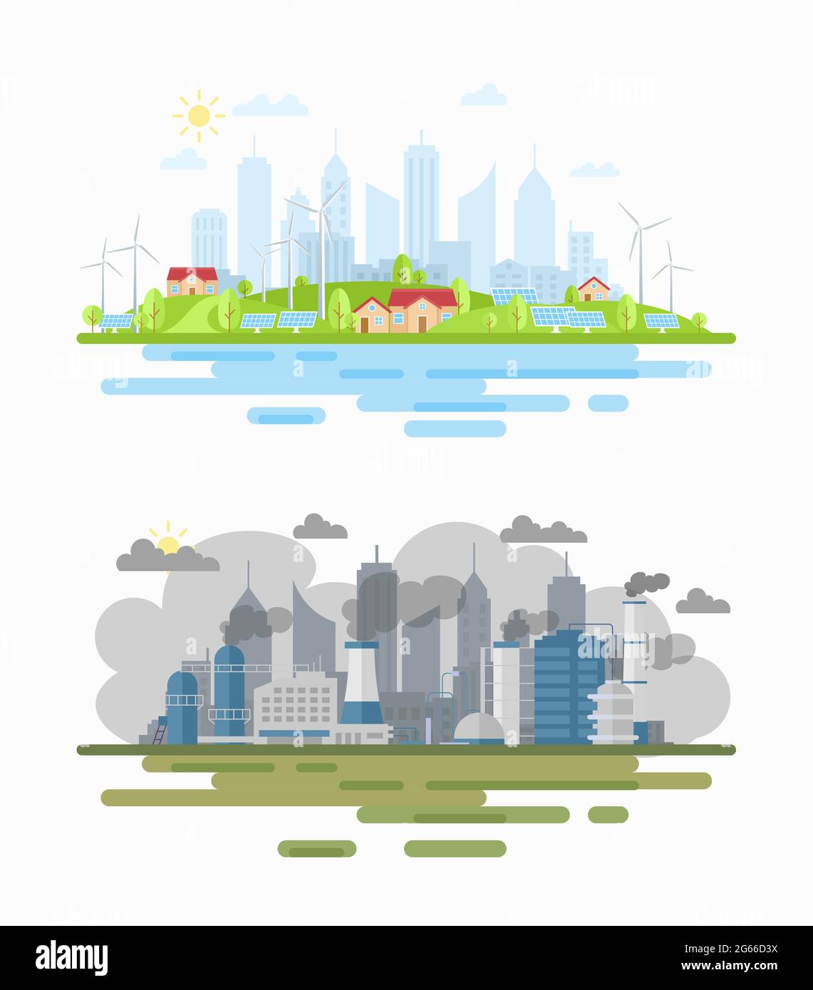 Luftverschmutzung Stadt Landschaft Unterschied flache Vektor-Illustration Stock Vektor