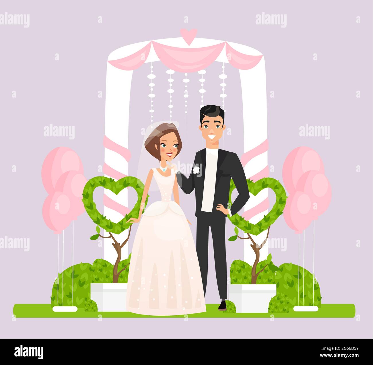 Zeremonieller Bogen mit Hochzeit Paar flache Vektor-Illustration Stock Vektor