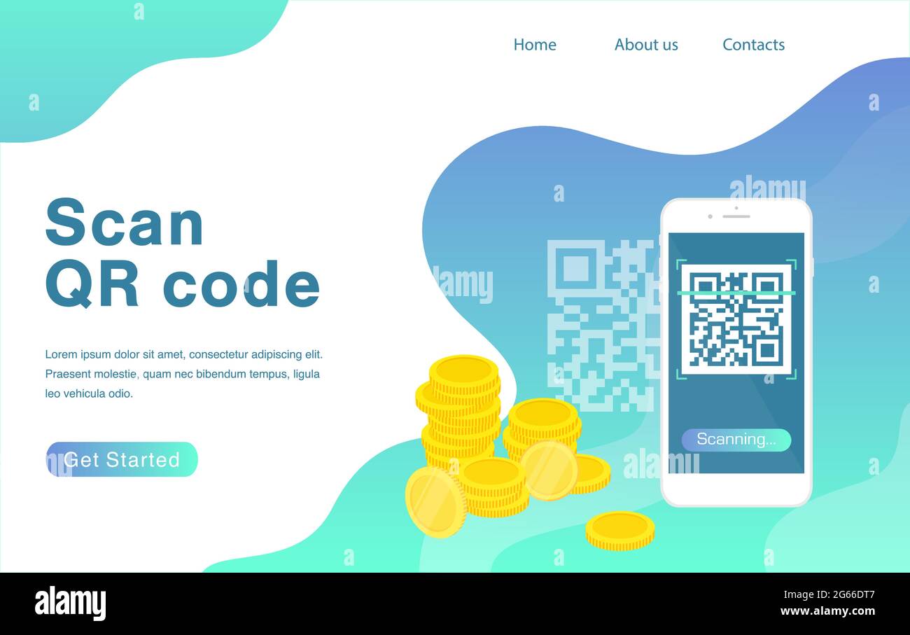 Scannen Sie die Vorlage für die Landing Page mit flachem Vektor-QR-Code. Scannen von Smartphone- und QR-Codes für die Zahlung. Homepage-Design mit Kopfzeile und flachen Abbildungen Stock Vektor