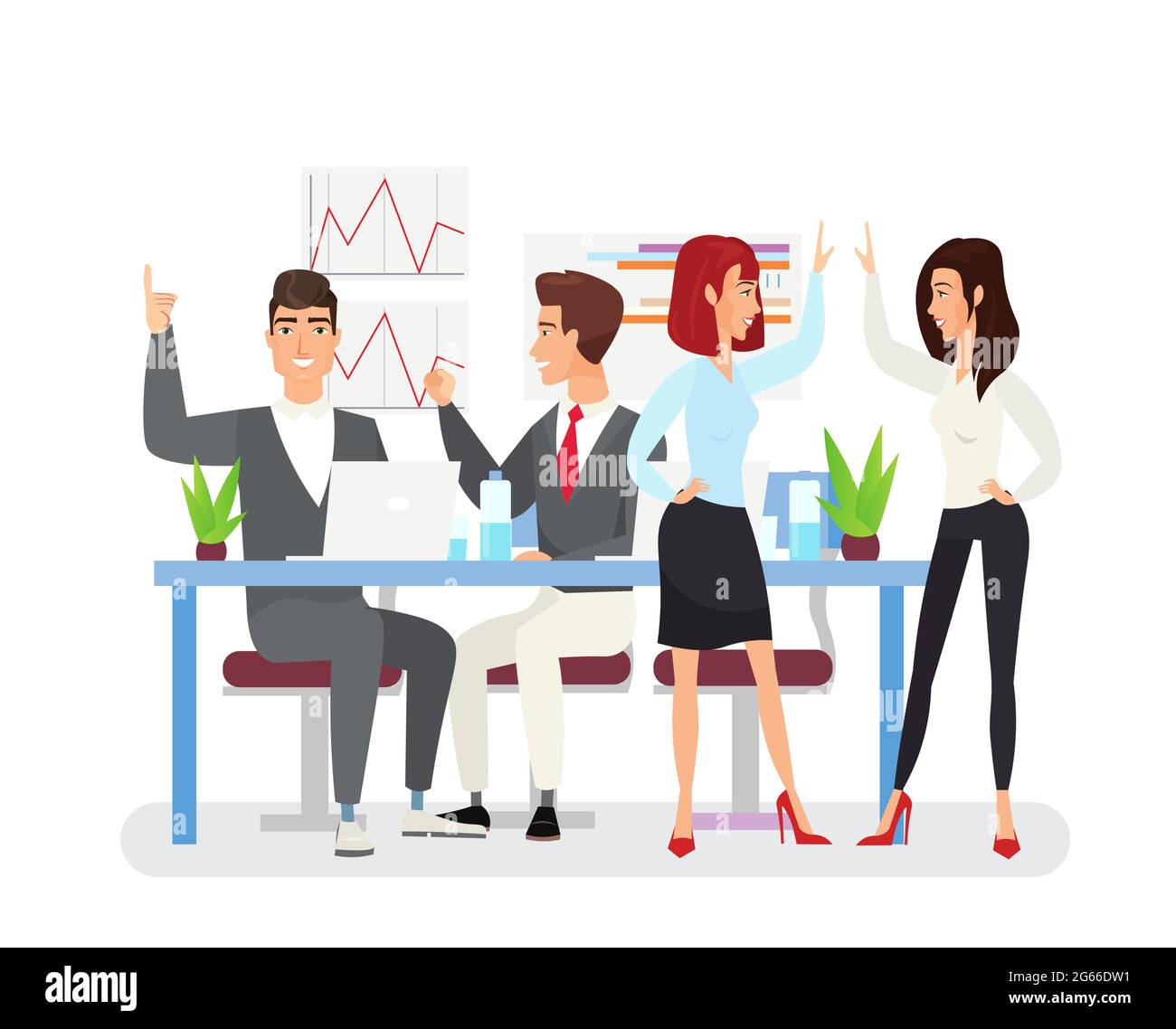 Flache Vektorgrafik für geschäftliche Erfolge. Junge Mitarbeiter freuen sich über erfolgreiches Projekt. Top-Manager feiern Sieg Comic-Figuren. Männlich Stock Vektor