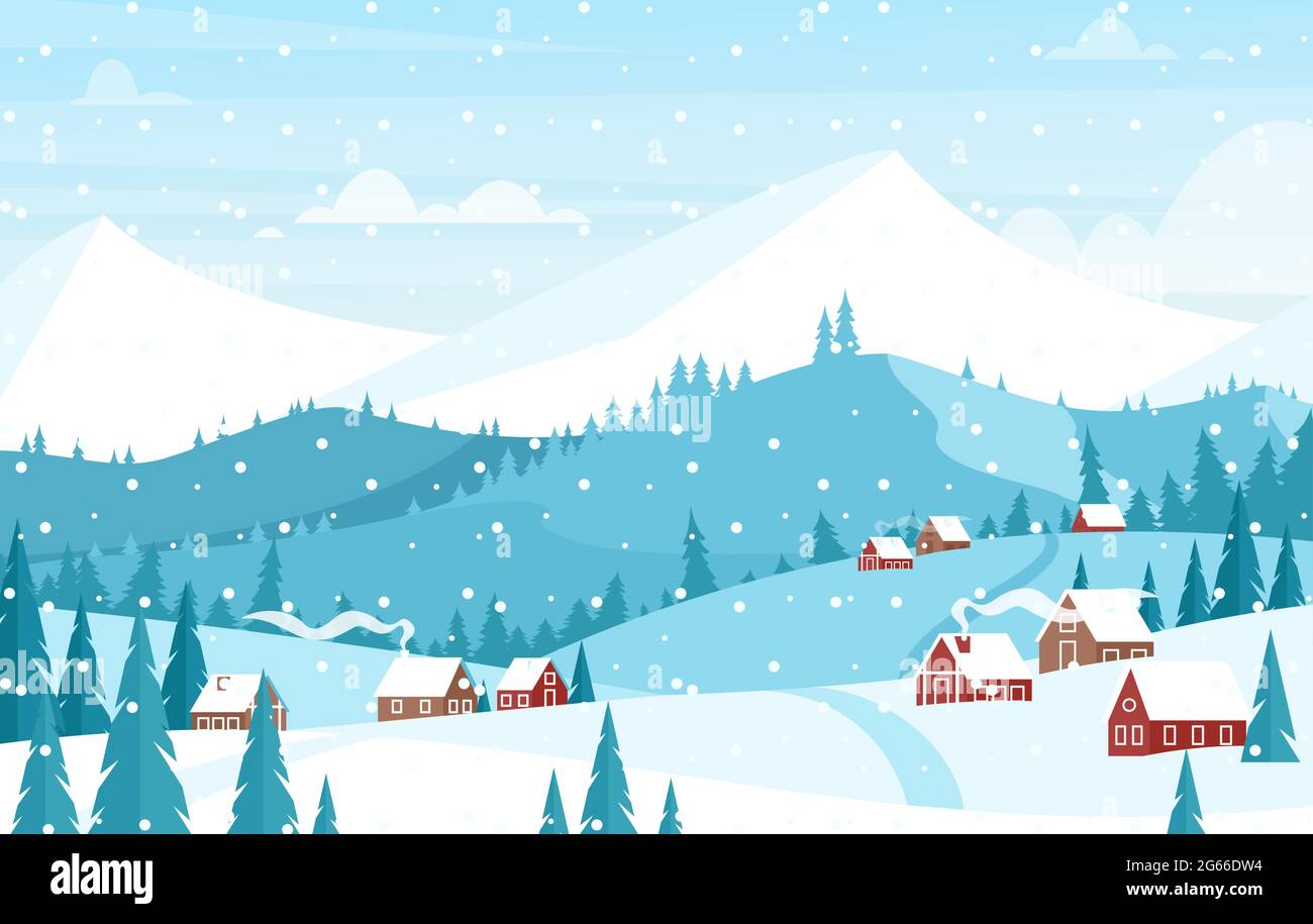 Schnee in Bergen Landschaft flache Vektor-Illustration. Schöne Wintersaison Blick auf die Hügel mit kleinen Landhäusern und Bäumen. Schneebedeckte Gipfel Stock Vektor