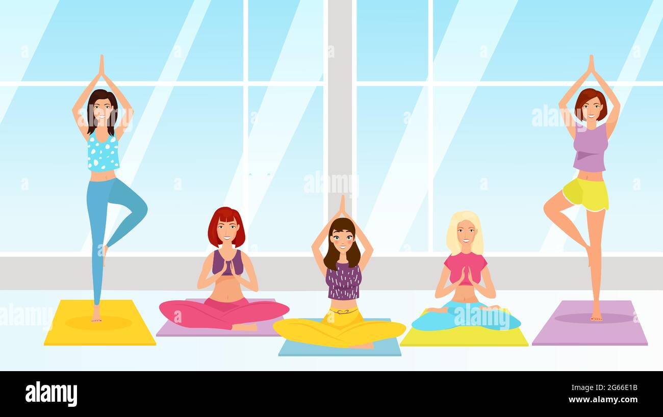 Flache Vektorgrafik des Yoga-Kurses. Mädchen sitzen in Lotuspose. Weibliche Figuren üben Asanas auf bunten Teppichen. Meditation und Entspannung Stock Vektor