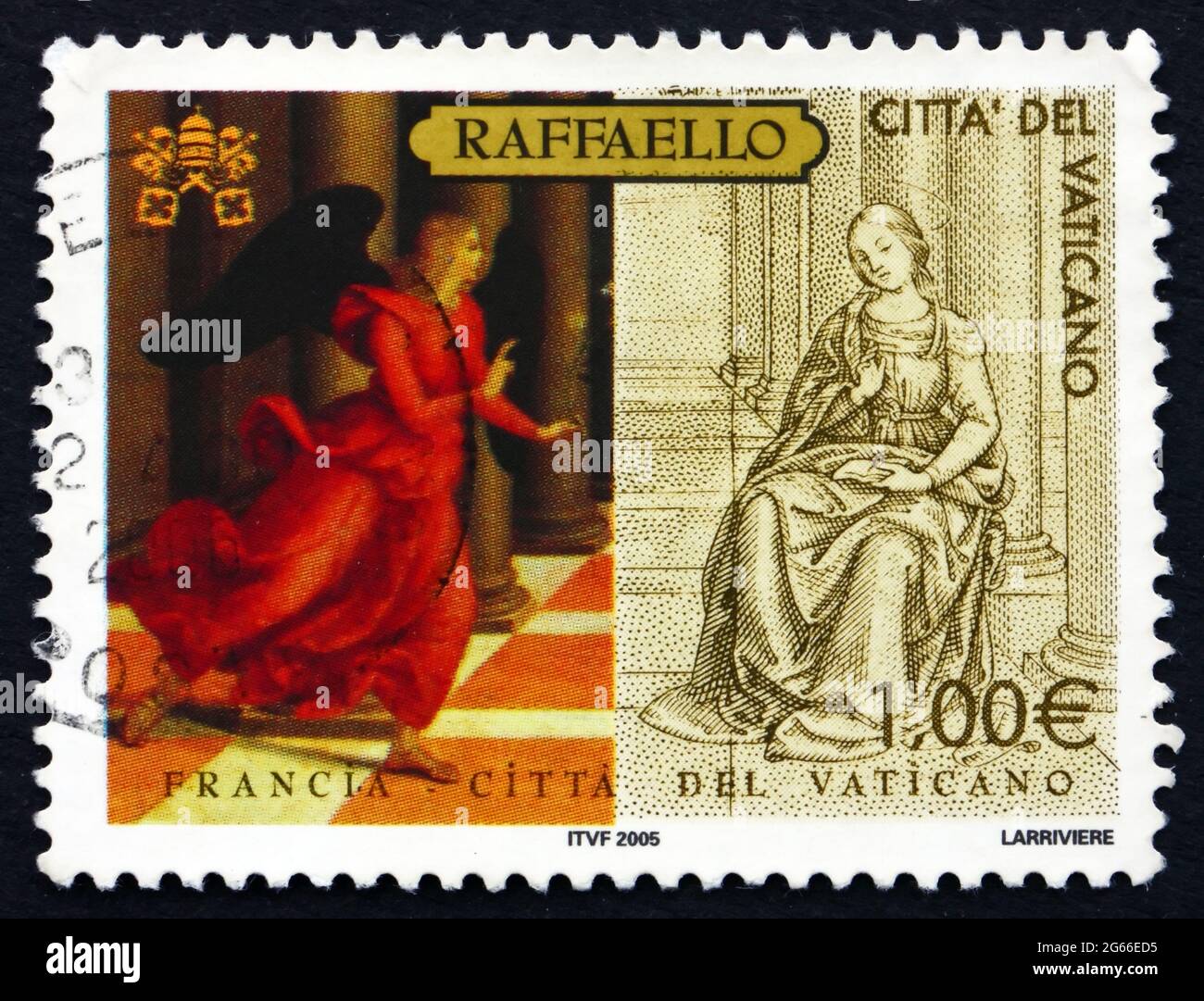 VATIKAN - UM 2005: Eine im Vatikan gedruckte Briefmarke zeigt die Verkündigung, Gemälde von Raphael, Weihnachten, um 2005 Stockfoto