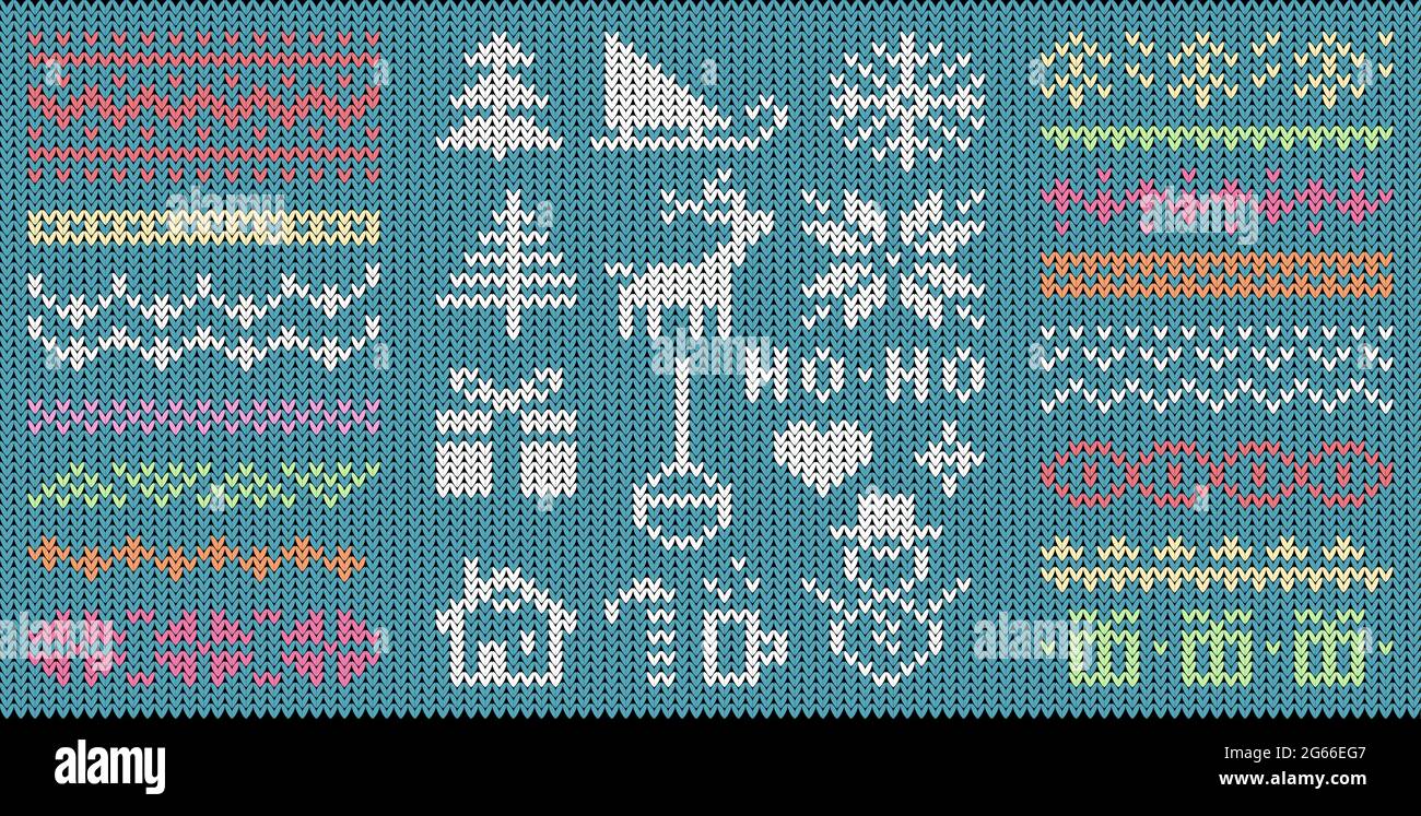 Gestrickte Weihnachts-Symbole und Muster flache Vektor-Illustrationen Set Stock Vektor