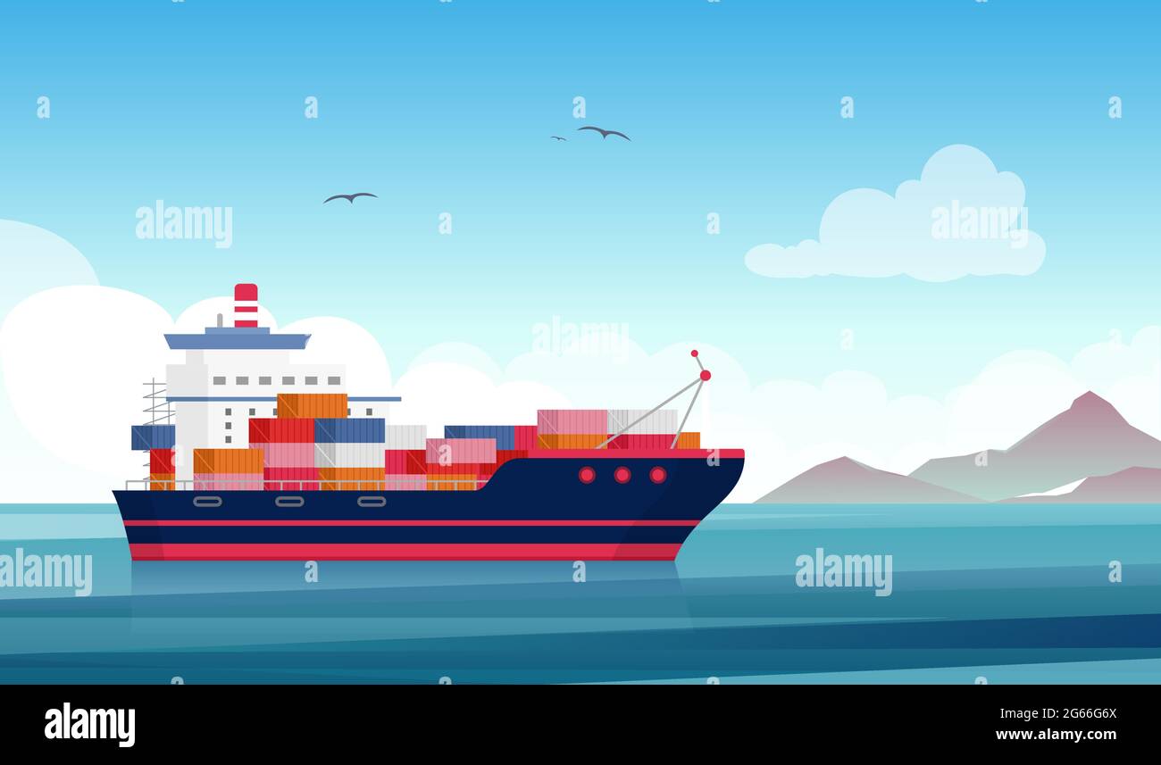 Flache Vektorgrafik für Frachtschiffe. Containerschiff, Handelsmarine. Schiffbauindustrie. Produkte exportieren und importieren. Logistik und Vertrieb Stock Vektor
