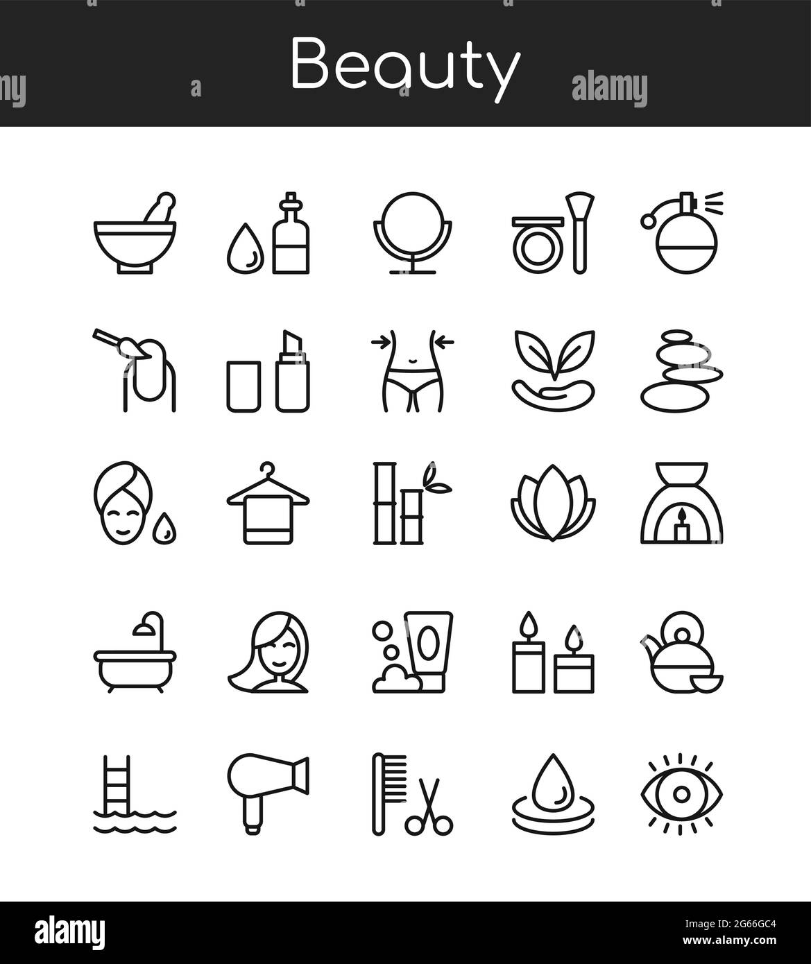 Beauty-Industrie Vektor lineare Symbole für Maniküre, Spa-Bad, Kosmetik, Make-up gesetzt Stock Vektor