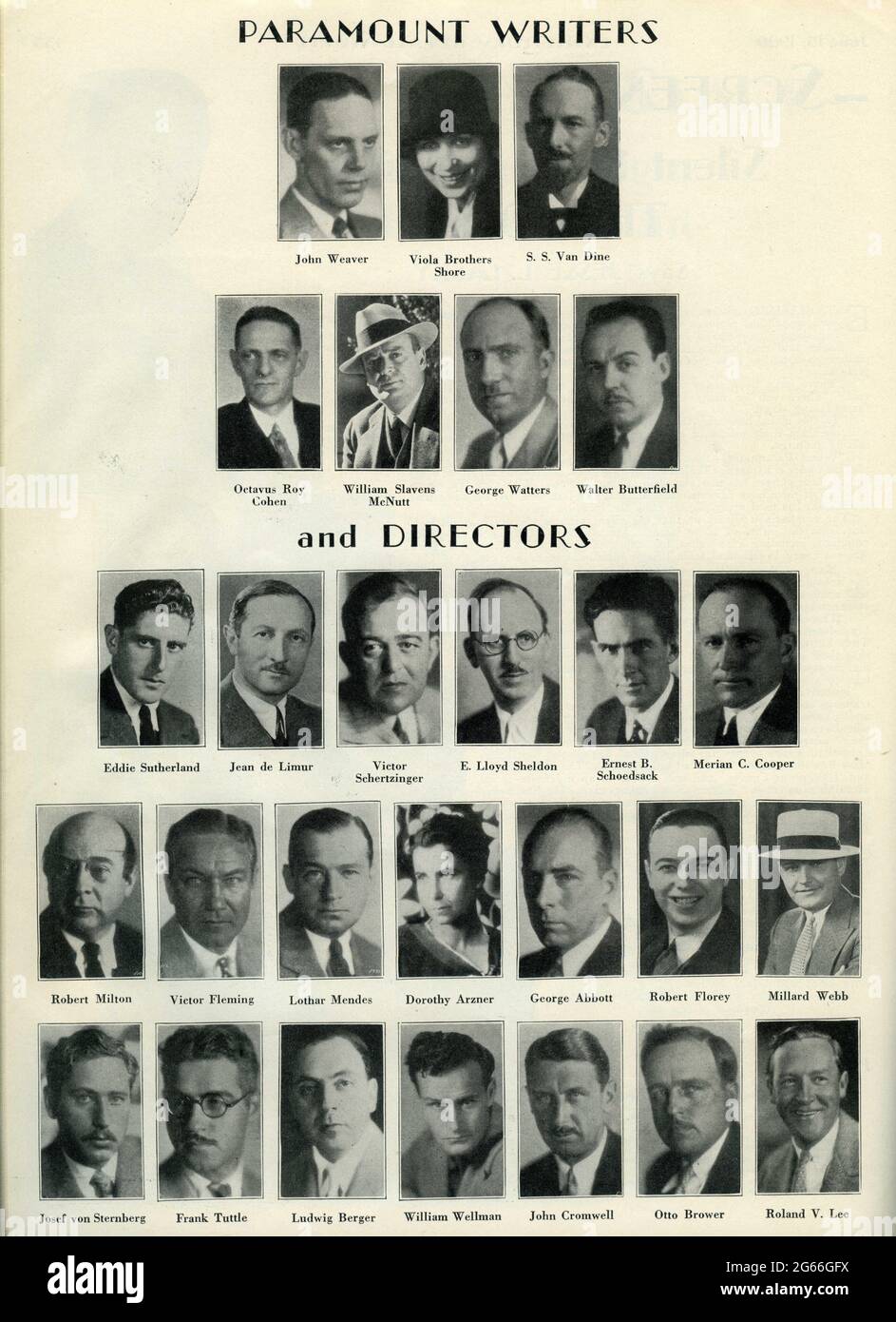 US-Handelswerbung vom Juni 1929 mit Paramount PicturesSchriftstellern und Regisseuren, darunter S.S. VAN DINE ERNEST B. SCHOEDSACK MERIAN C. COOPER EDDIE SUTHERLAND VICTOR FLEMING LOTHAR MENDES DOROTHY ARZNER GEORGE ABBOTT ROBERT FLOREY JOSEF von STERNBERG FRANK TUTTLE WILLIAM WELLMAN JOHN CROMWELL und ROWLAND V. LEE Stockfoto