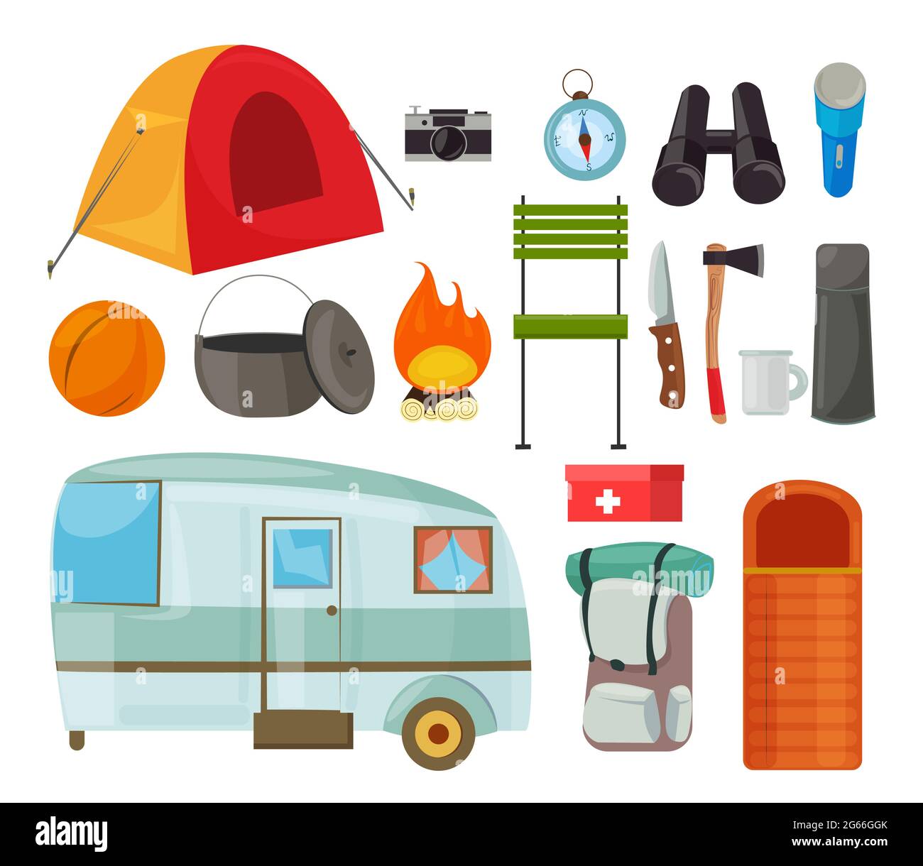 Tourismus-Ausrüstung flache Vektor-Illustrationen Set. Campingartikel Farbzeichnung. Touristenzelt, Rucksack isoliert Cliparts Pack. Wohnwagen für Reisende Stock Vektor