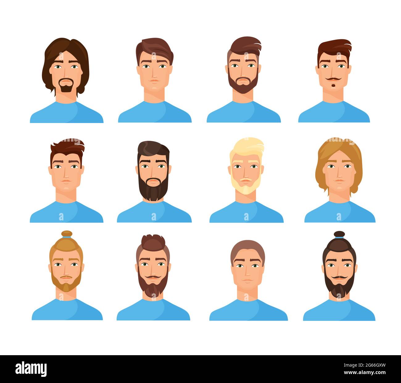 Set mit flachen Vektorgrafiken für männliche Gesichter. Cartoon Männer Figuren Pack. Trendy Aussehen ändern Konzept. Personenporträts, Cliparts Sammlung auf Stock Vektor