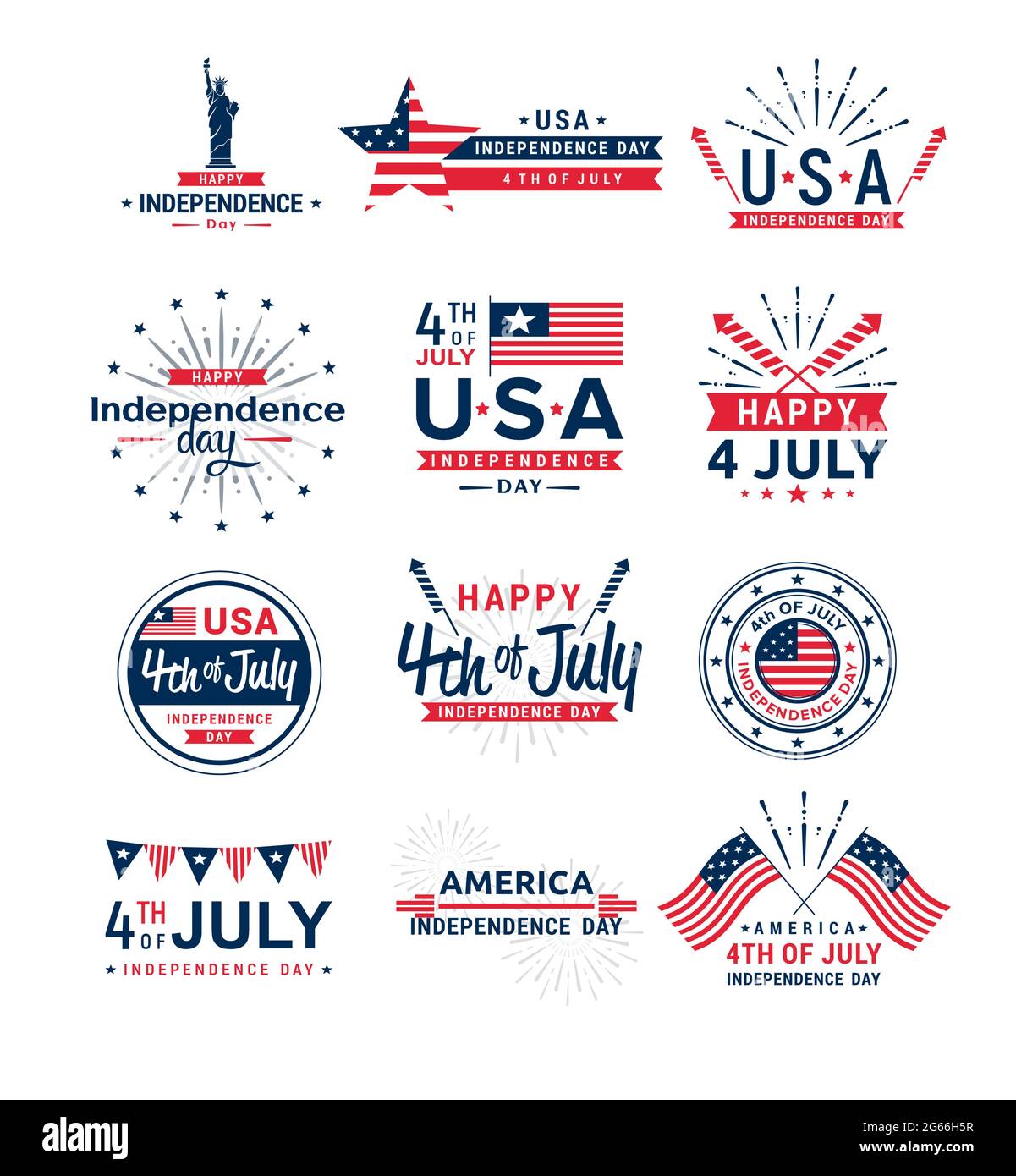 Vektor-Illustration Satz von 4. Juli Grußkarten Logos, United erklärte Unabhängigkeit Tag Gruß. 4. Juli Kollektion typografischer Elemente für Stock Vektor