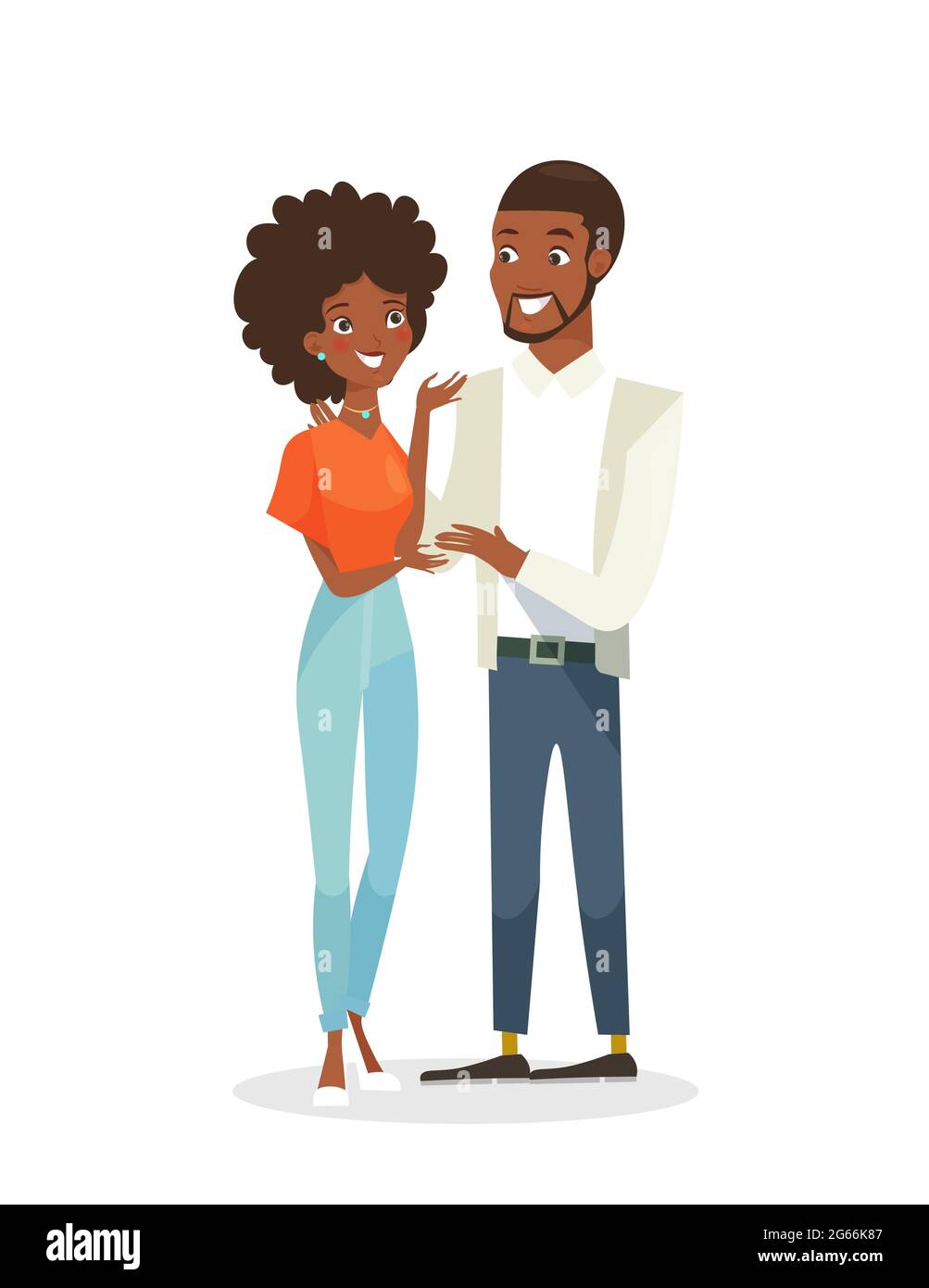 Vektor-Illustration von schwarzen jungen hübschen Frau und schönen Mann stehen zusammen. Glückliche Menschen in der Liebe, afroamerikanisches Paar. Mann und Frau in Stock Vektor