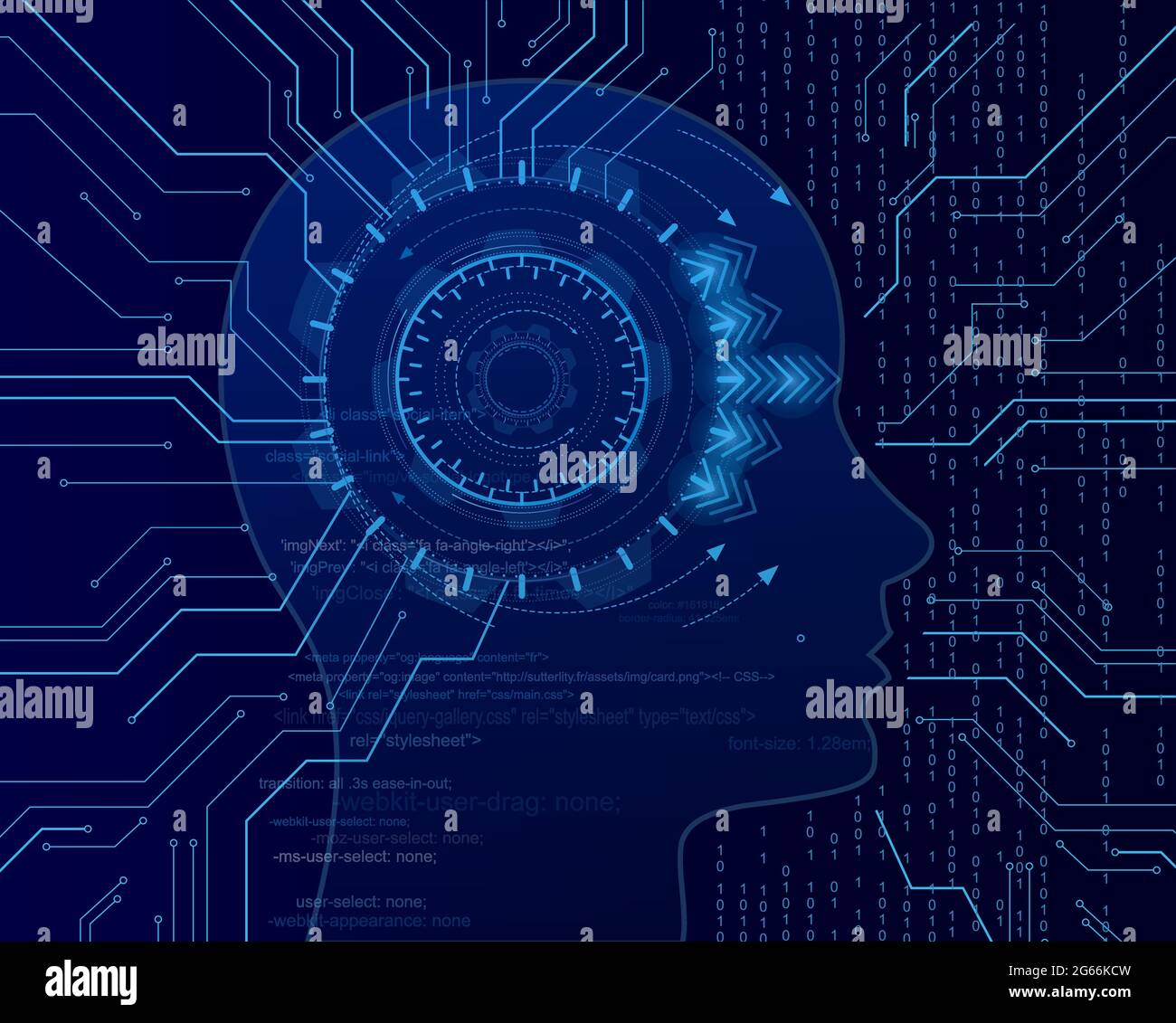 Cyber Mind auf dem binären Code Hintergrund. Künstliche Intelligenz von Big Data. Maschinelles Lernen in der Seitenkopfform. Virtueller Konzeptvektor Stock Vektor