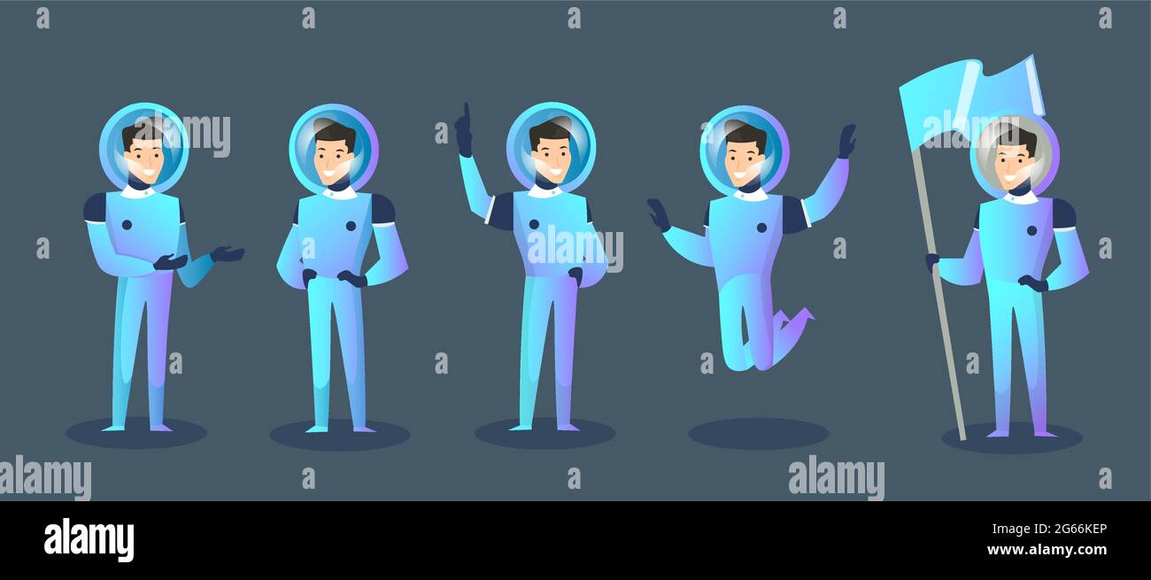 Vektor-Illustration Satz von Comic-Figuren Raumfahrer in verschiedenen Positionen, sich bewegenden Kosmonauten in Raumanzügen und Helm isoliert auf dunkelblau Stock Vektor