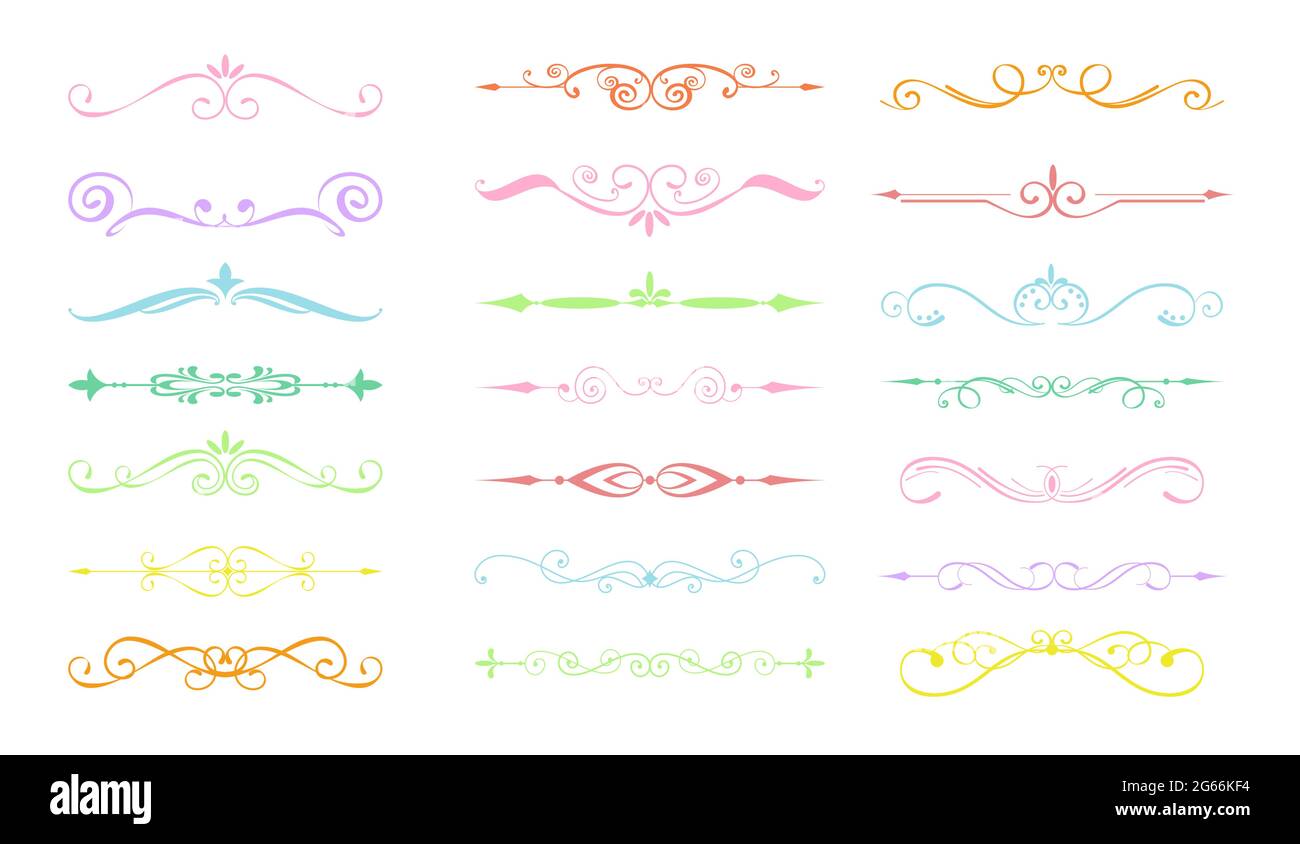 Vektor-Illustration Set von dekorativen Schnörkel. Vintage handgezeichnete Trennwände in Pastellfarben. Wirbel, Dekorationen verzieren Elemente für Grußkarten Stock Vektor