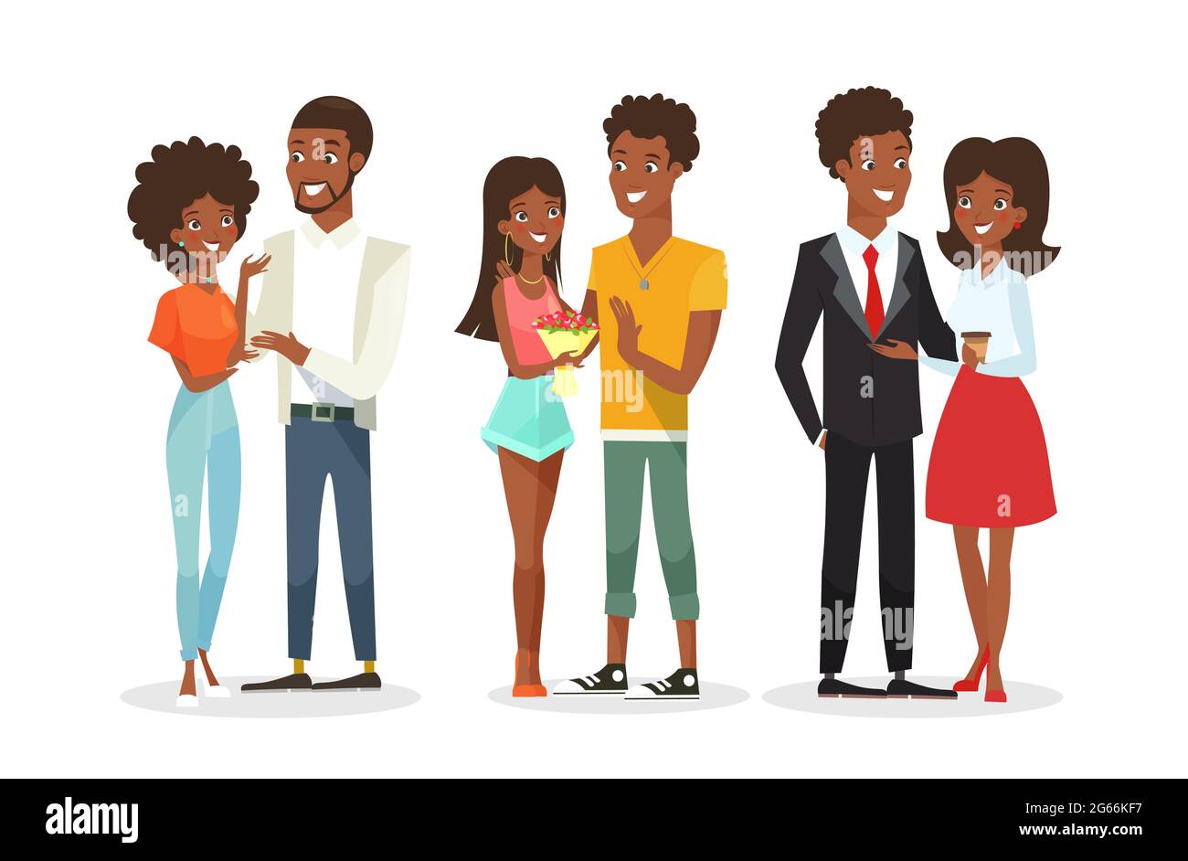 Vektor-Illustration Set von niedlichen afroamerikanischen Paaren auf dem Datum. Junge Frau und Mann. Schwarze Menschen, Familie. Schöner Mann und hübsche Frau in der Wohnung Stock Vektor